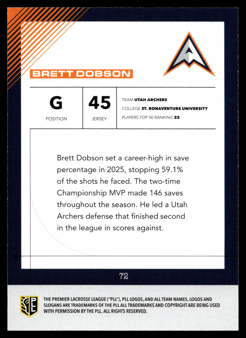 Brett Dobson 2026 PLL Fieldside II Utah Archers Blue 99/99 #72