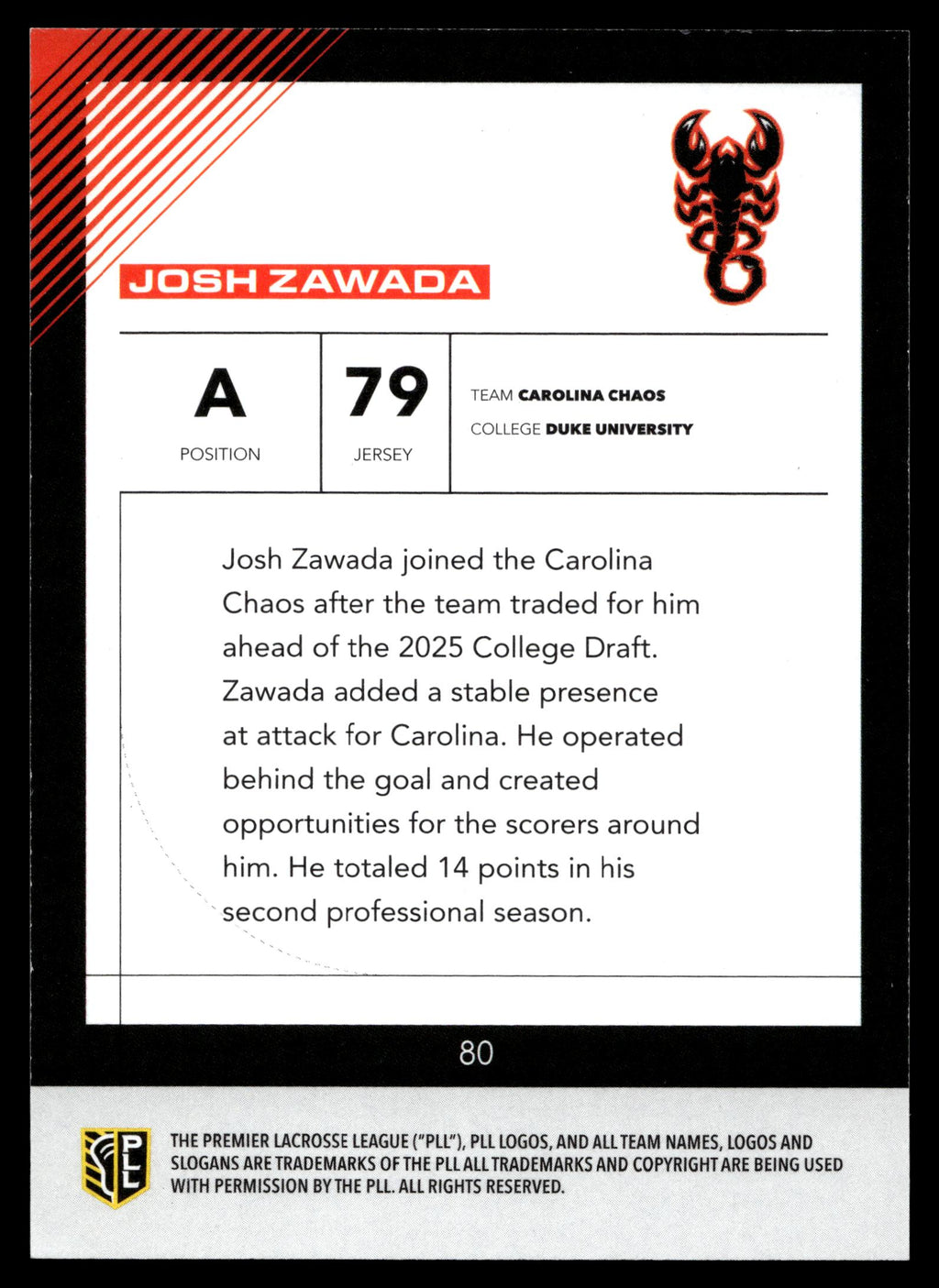 Josh Zawada 2026 PLL Fieldside II Carolina Chaos Blue 58/99 #80