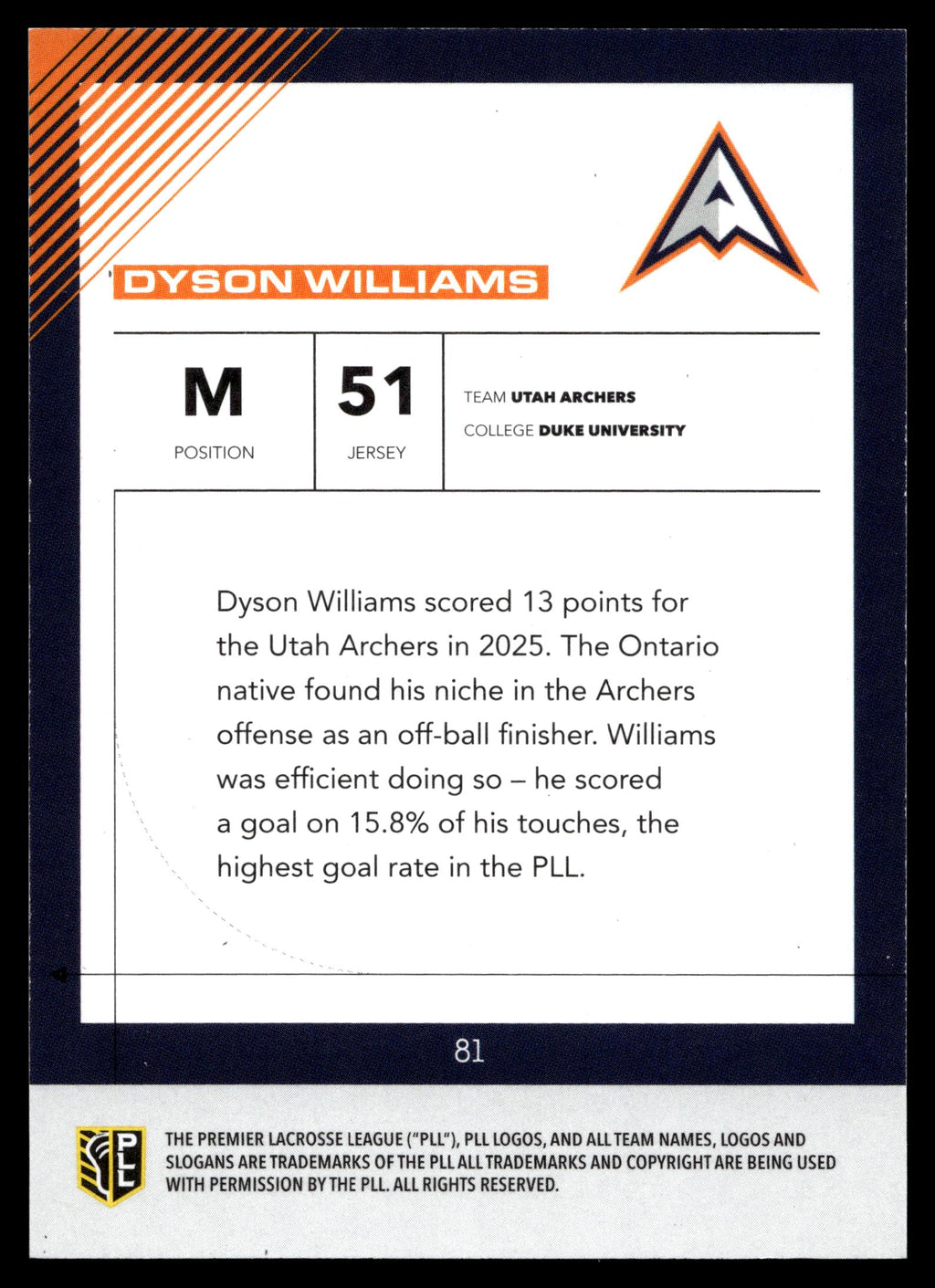 Dyson Williams 2026 PLL Fieldside II Utah Archers Blue 98/99 #81