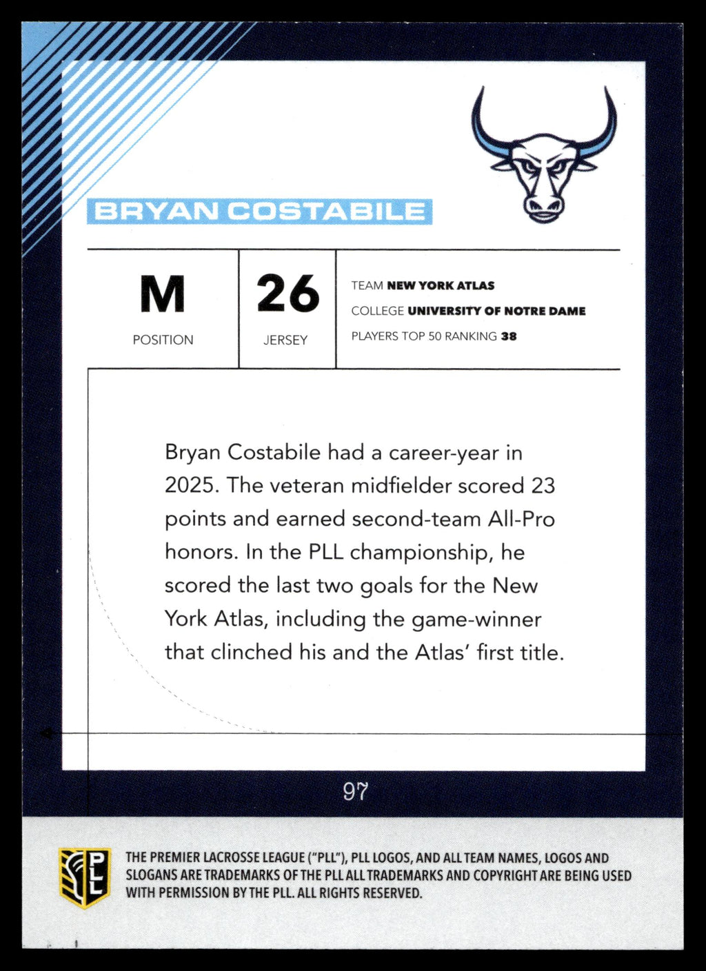 Bryan Costabile 2026 PLL Fieldside II New York Atlas Blue 15/99 #97