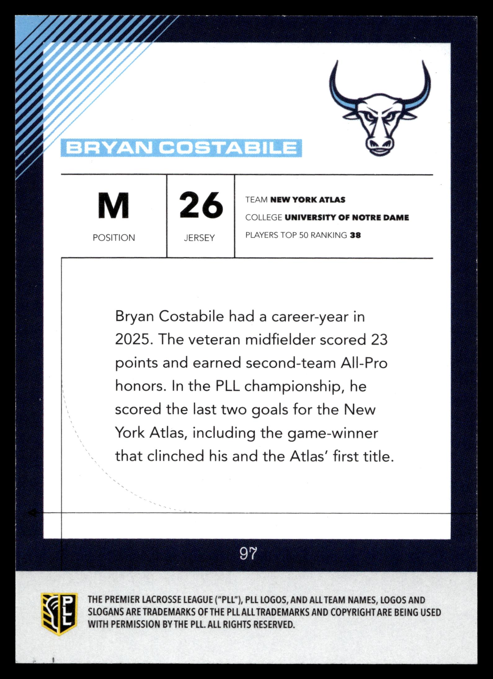 Bryan Costabile 2026 PLL Fieldside II New York Atlas Blue 15/99 #97