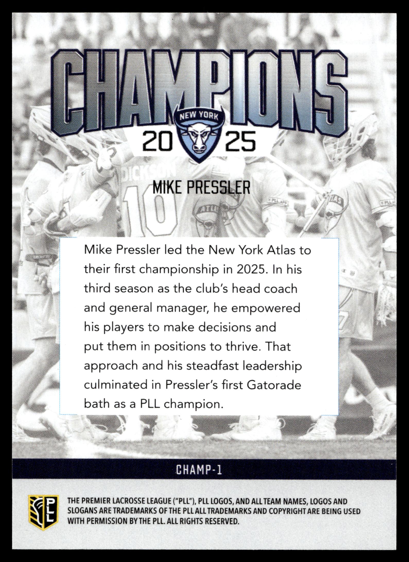 Mike Pressler 2026 PLL Fieldside II NewYork Atlas Champions 11/99 #CHAMP-1