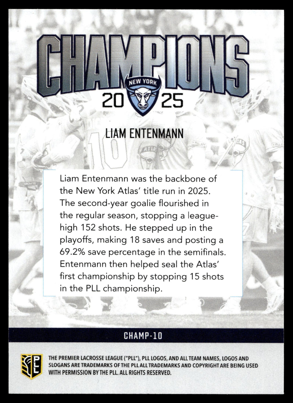Liam Entenmann 2026 PLL Fieldside II NewYork Atlas Champions 81/99 #CHAMP-10