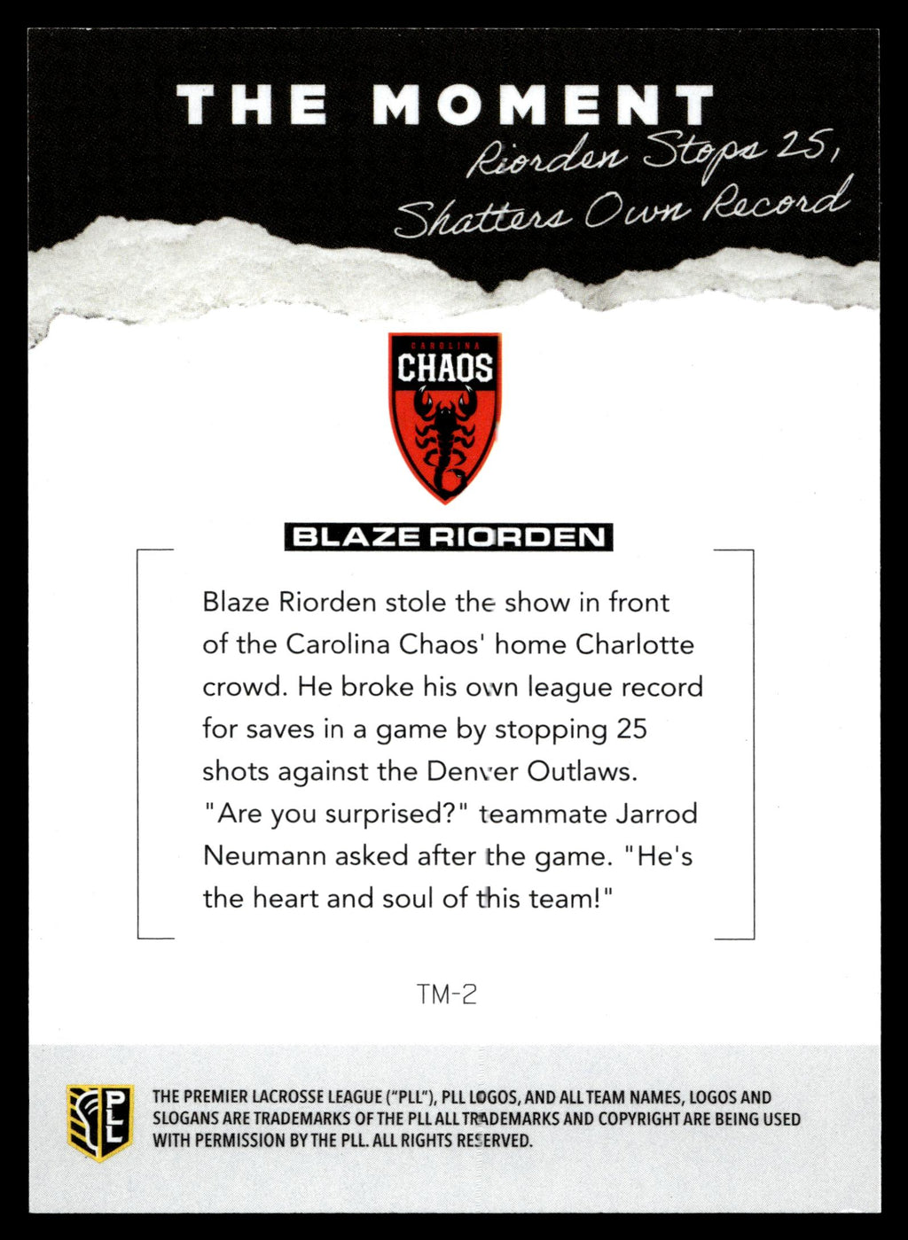 Blaze Riorden 2026 PLL Fieldside II Carolina Chaos The Moment 62/99 #TM-2