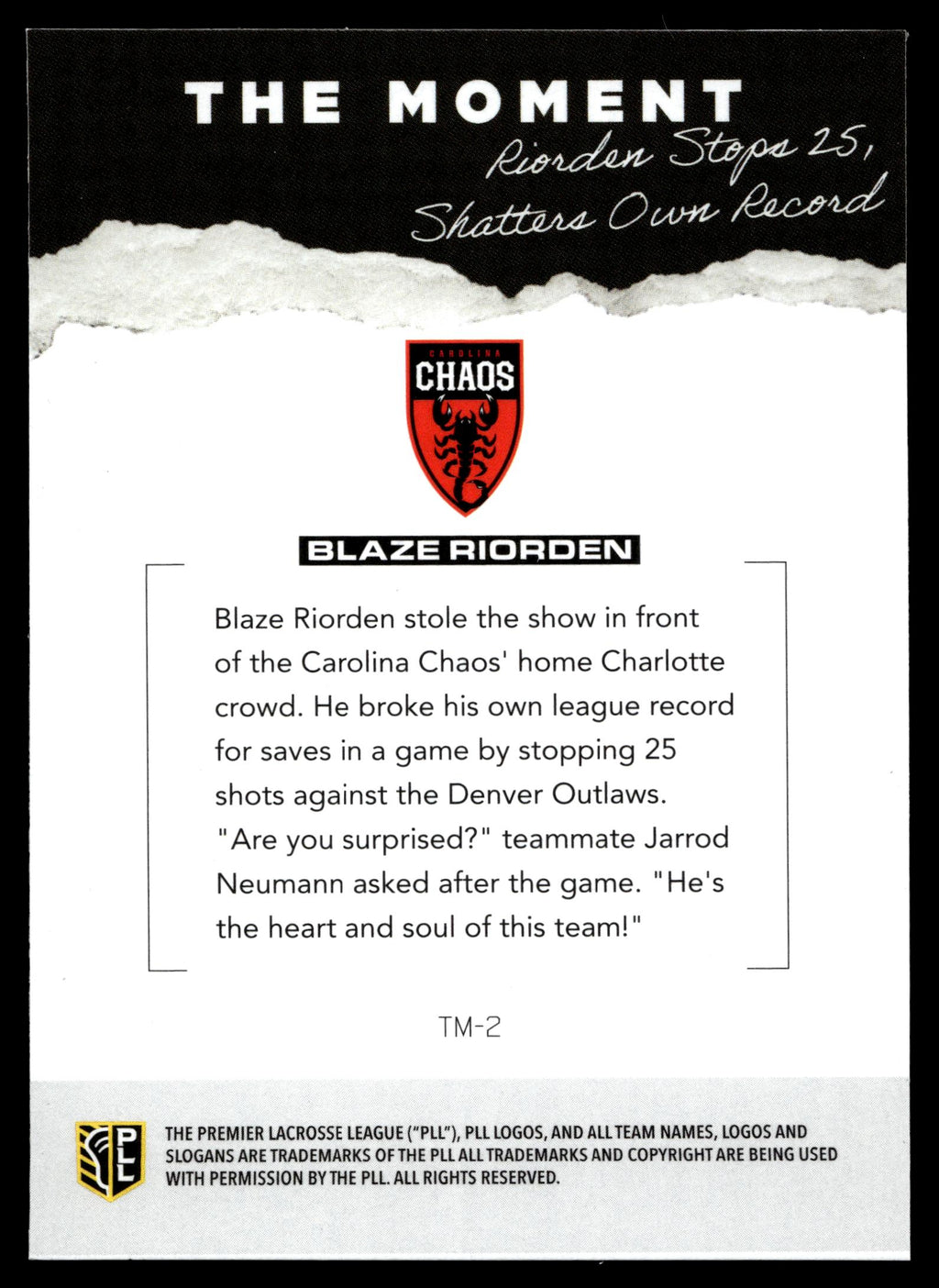 Blaze Riorden 2026 PLL Fieldside II Carolina Chaos The Moment #TM-2