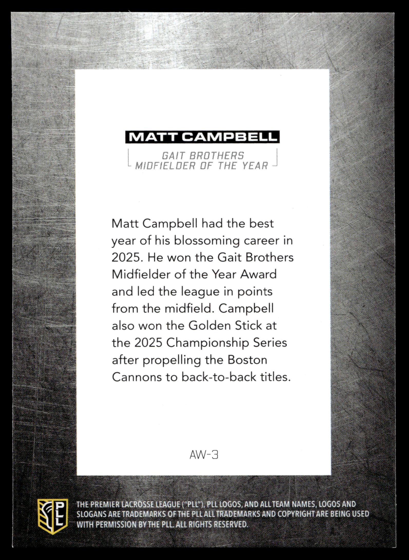 Matt Campbell 2026 PLL Fieldside II Boston Cannons Award Winners #AW-3