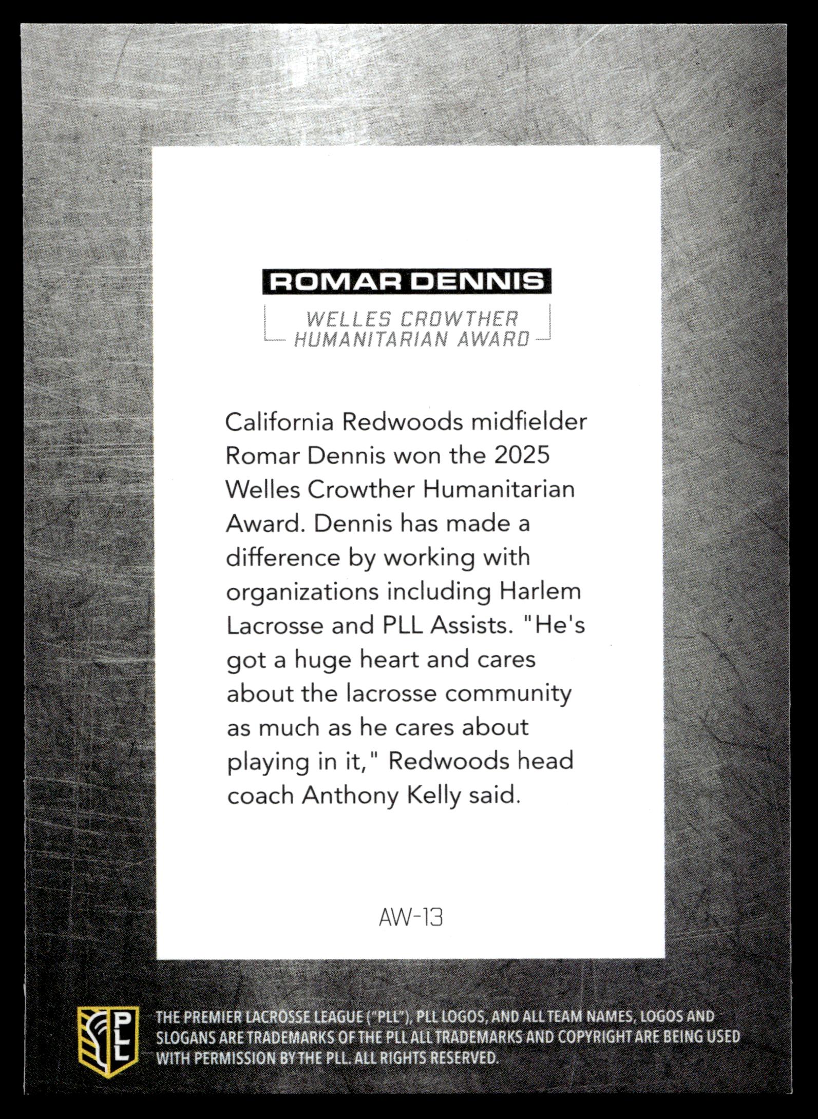 Romar Dennis 2026 PLL Fieldside II California Redwoods Award Winners #AW-13