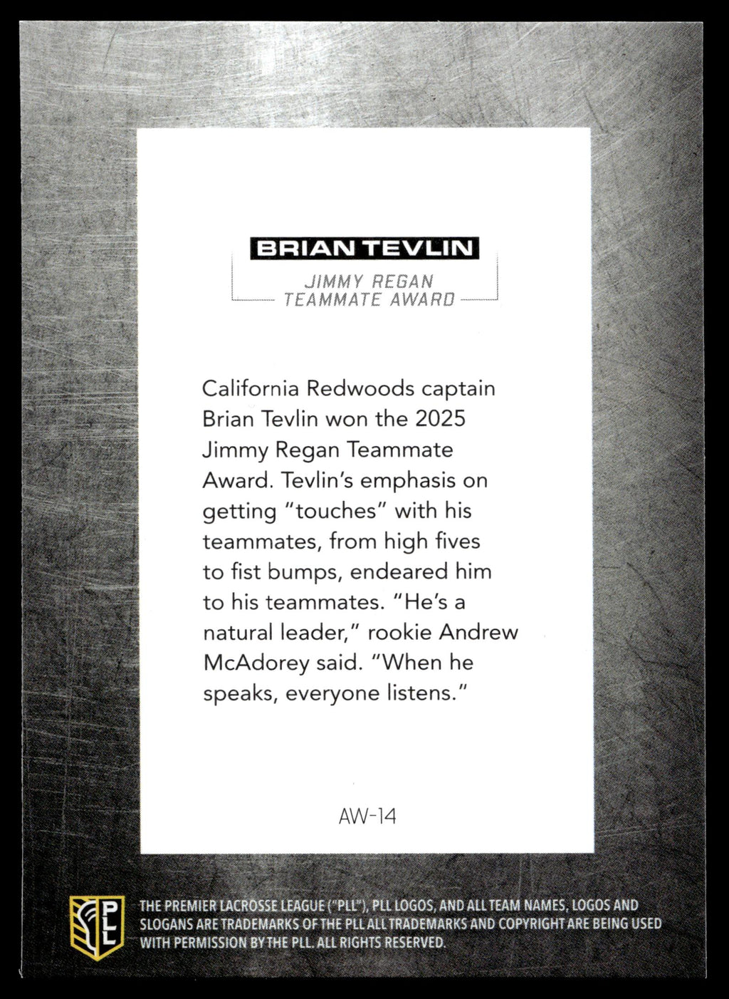 Brian Tevlin 2026 PLL Fieldside II California Redwoods Award Winners #AW-14