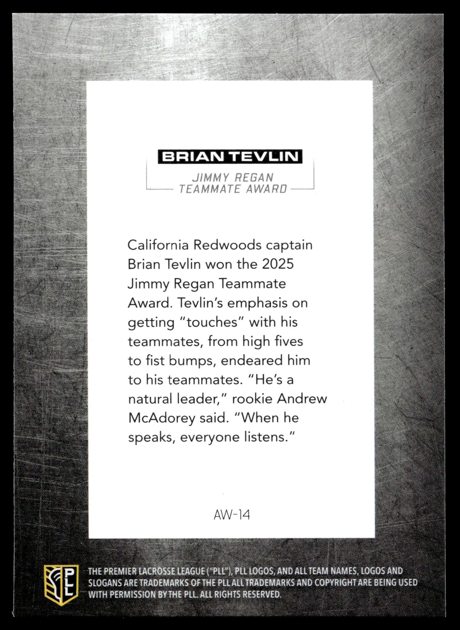 Brian Tevlin 2026 PLL Fieldside II California Redwoods Award Winners #AW-14