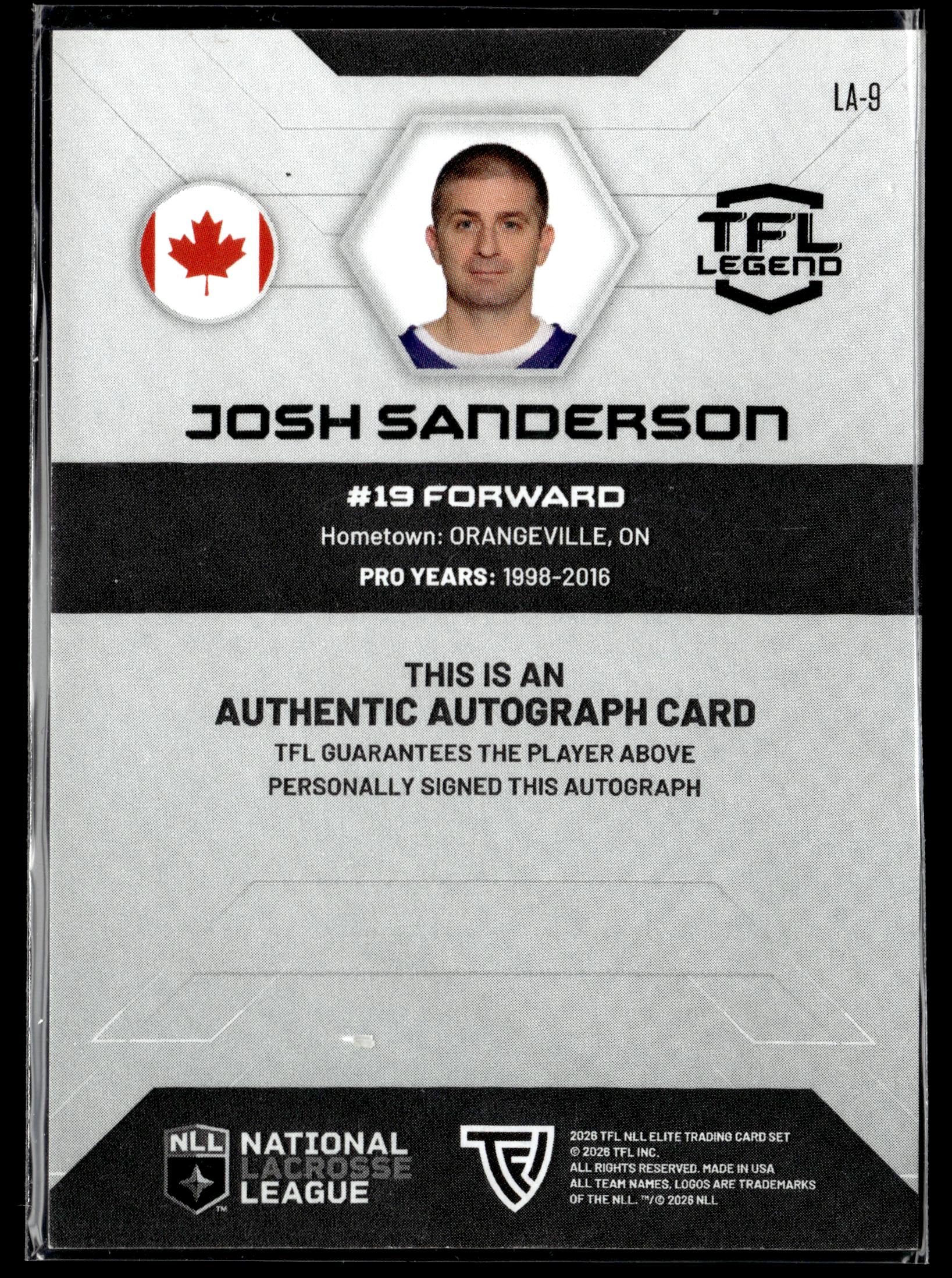 Josh Sanderson 2026 TFL NLL ELITE Toronto Rock Legends Auto #LA-9