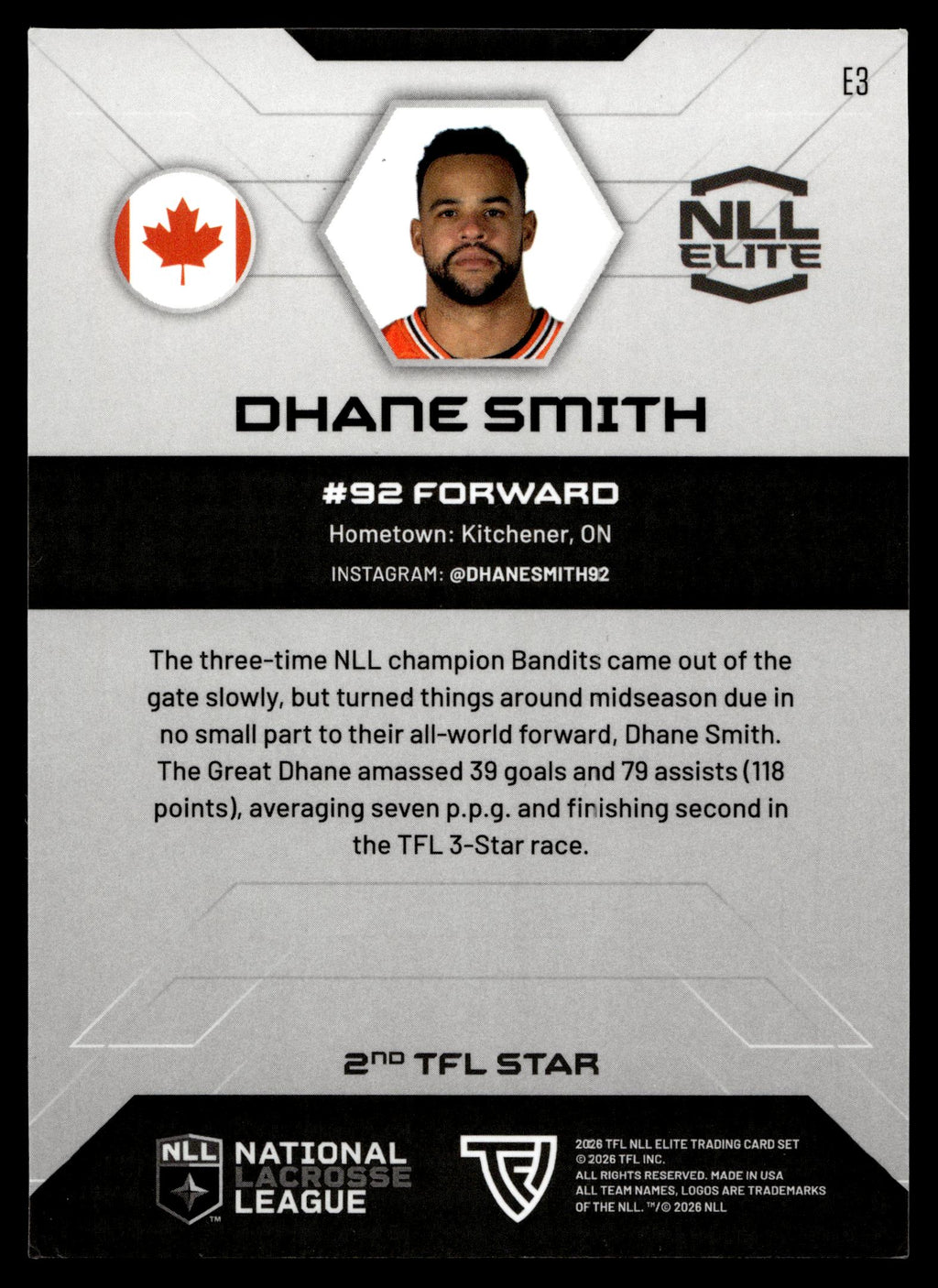 Dhane Smith 2026 TFL NLL ELITE Buffalo Bandits Home Floor 74/75 #E3