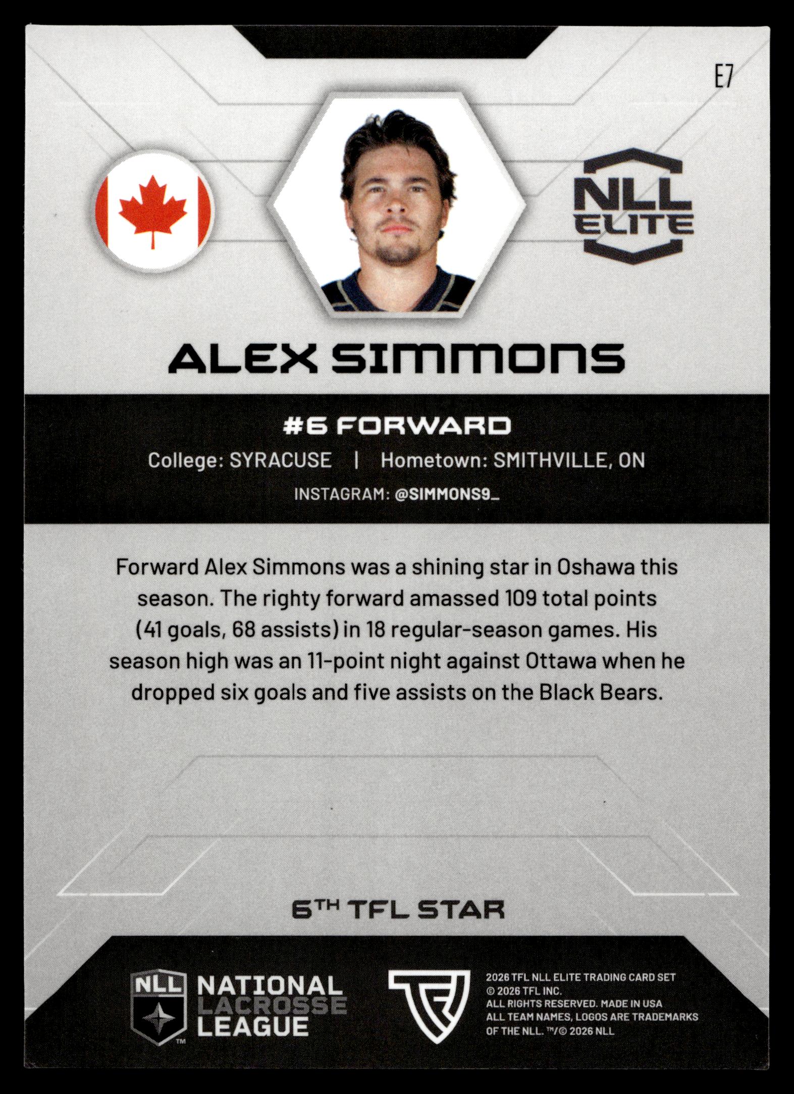 Alex Simmons 2026 TFL NLL ELITE Oshawa Firewolves Home Floor 6/75 #E7