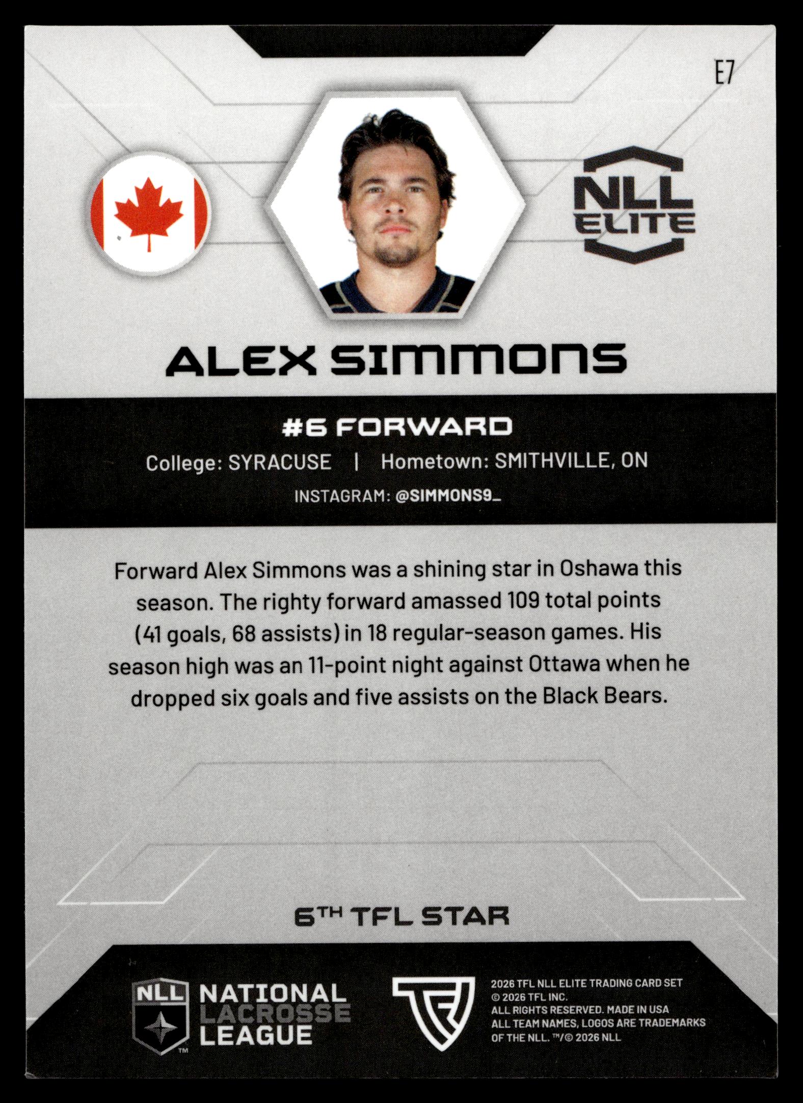 Alex Simmons 2026 TFL NLL ELITE Oshawa Firewolves Home Floor 11/75 #E7