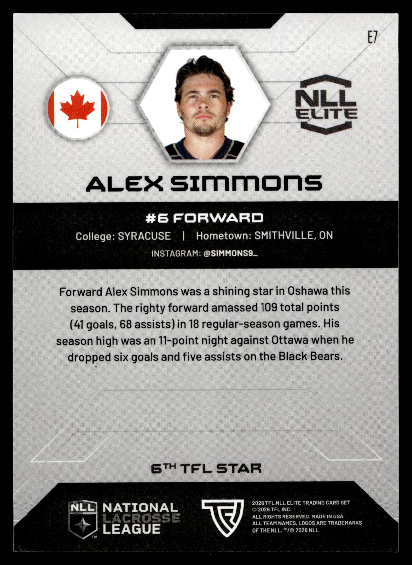 Alex Simmons 2026 TFL NLL ELITE Oshawa Firewolves Home Floor 51/75 #E7