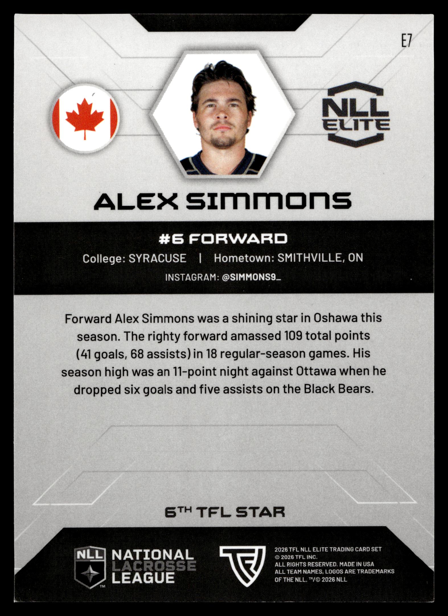 Alex Simmons 2026 TFL NLL ELITE Oshawa Firewolves Home Floor 55/75 #E7