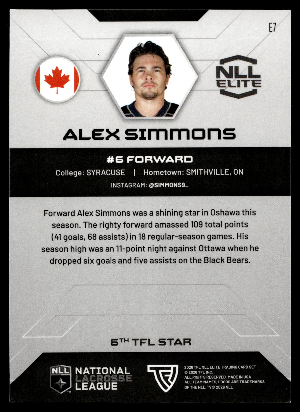 Alex Simmons 2026 TFL NLL ELITE Oshawa Firewolves Home Floor 65/75 #E7