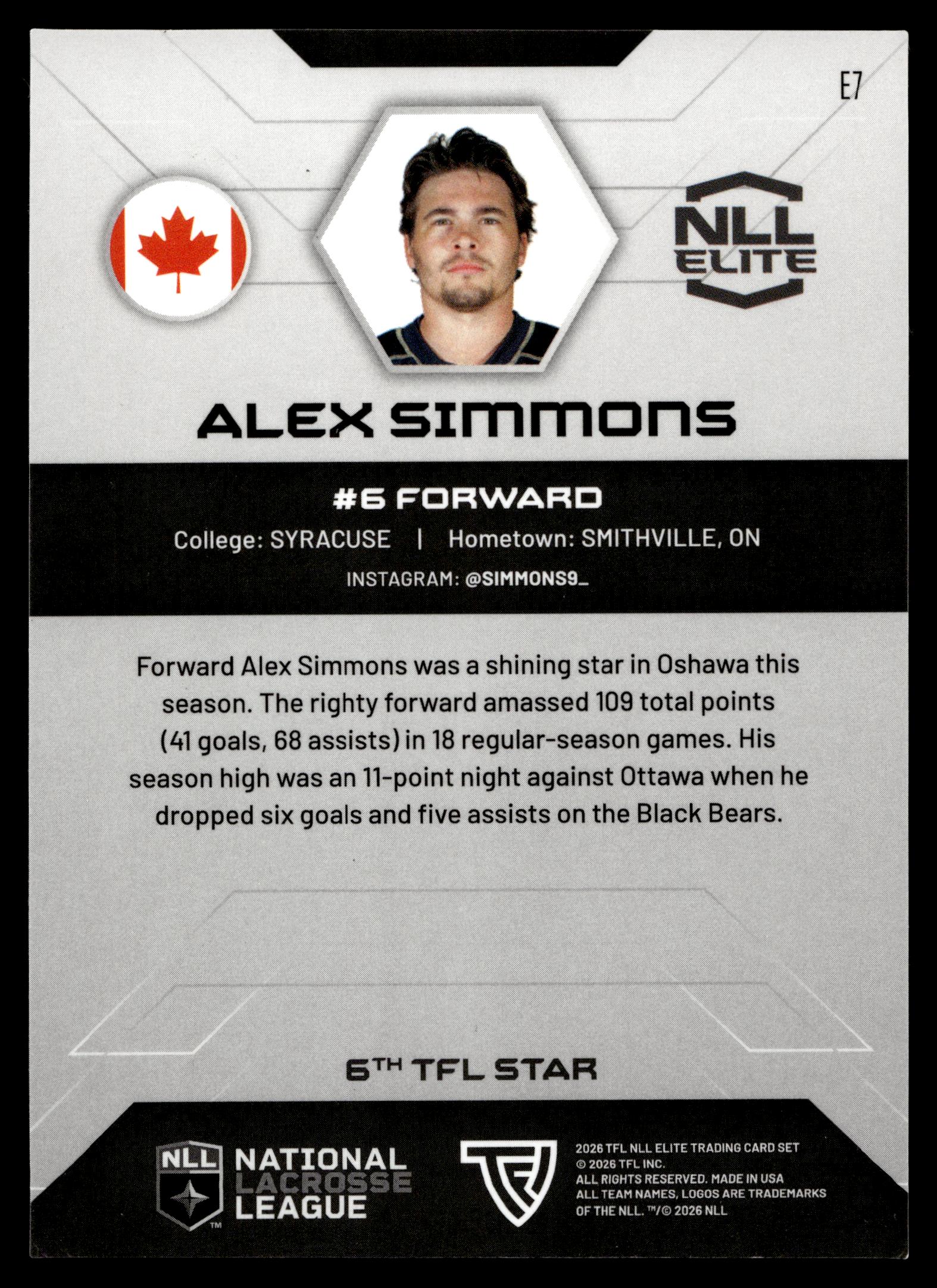 Alex Simmons 2026 TFL NLL ELITE Oshawa Firewolves Home Floor 65/75 #E7