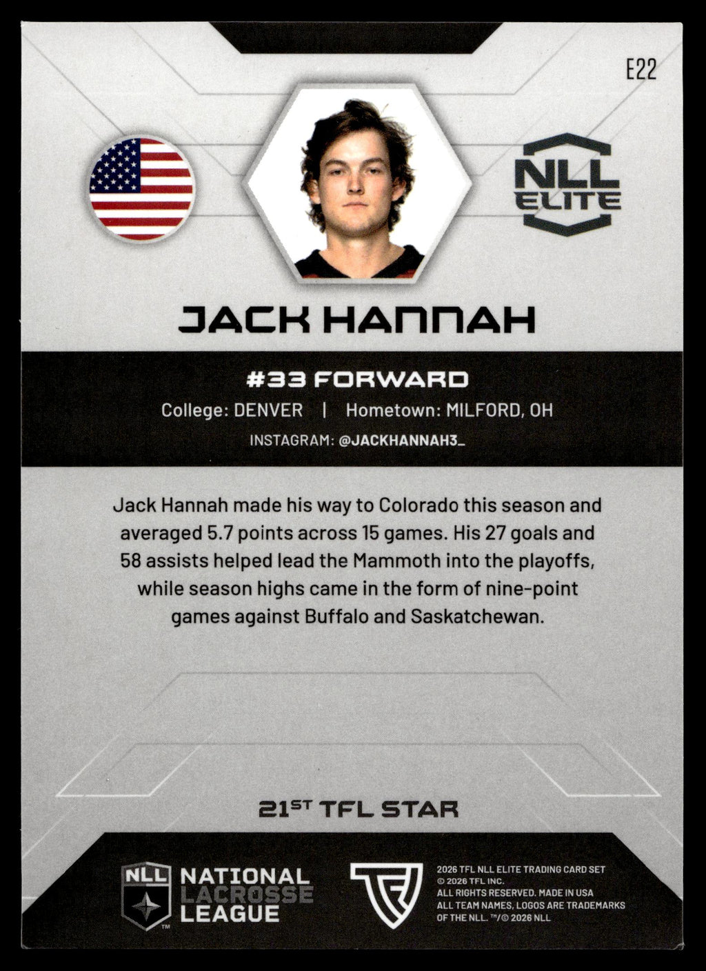 Jack Hannah 2026 TFL NLL ELITE Colorado Mammoth Home Floor 49/75 #E22