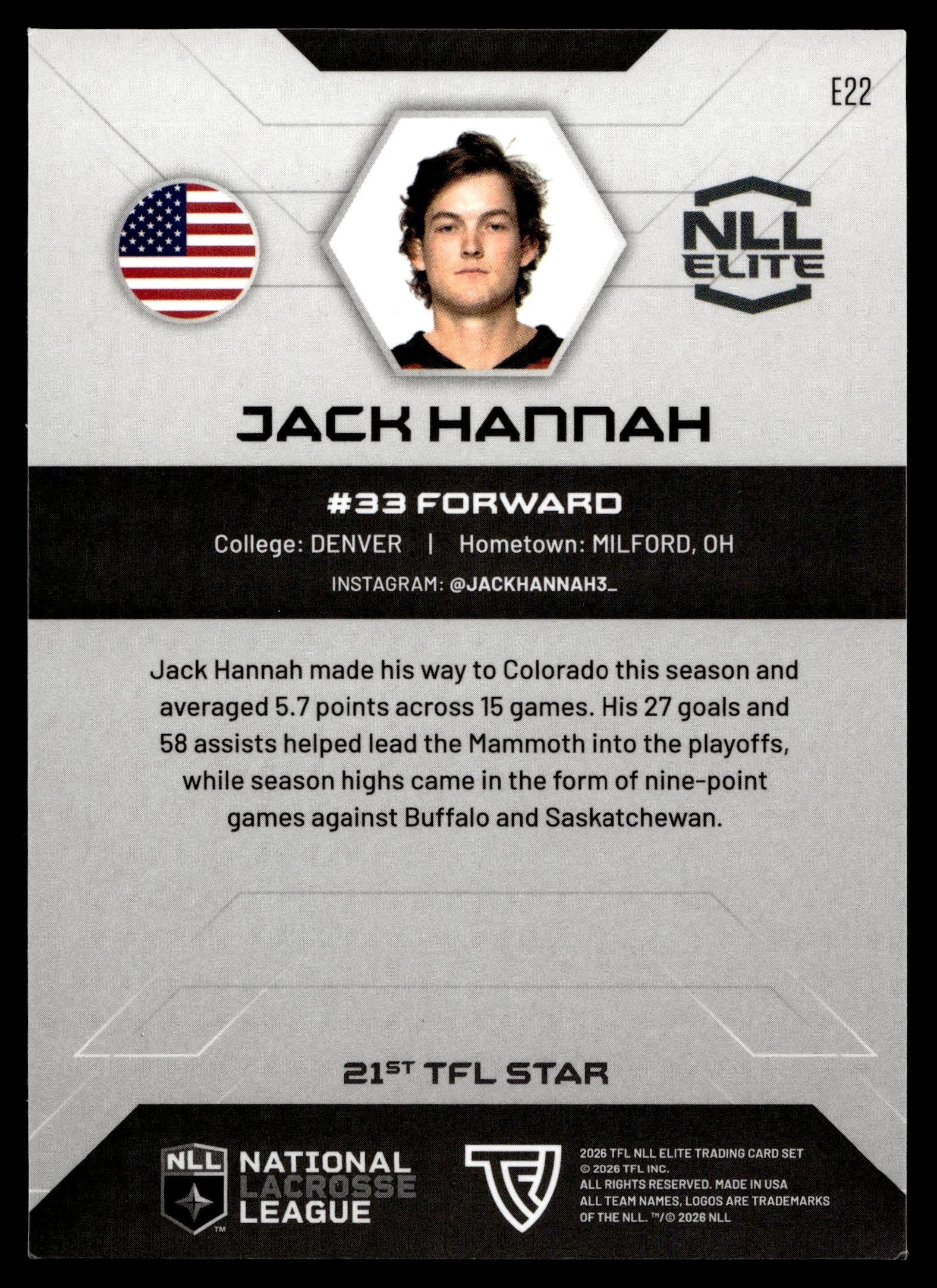 Jack Hannah 2026 TFL NLL ELITE Colorado Mammoth Home Floor 49/75 #E22