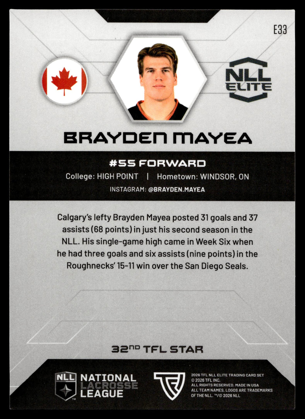 Brayden Mayea 2026 TFL NLL ELITE Calgary Roughnecks Home Floor 71/75 #E33