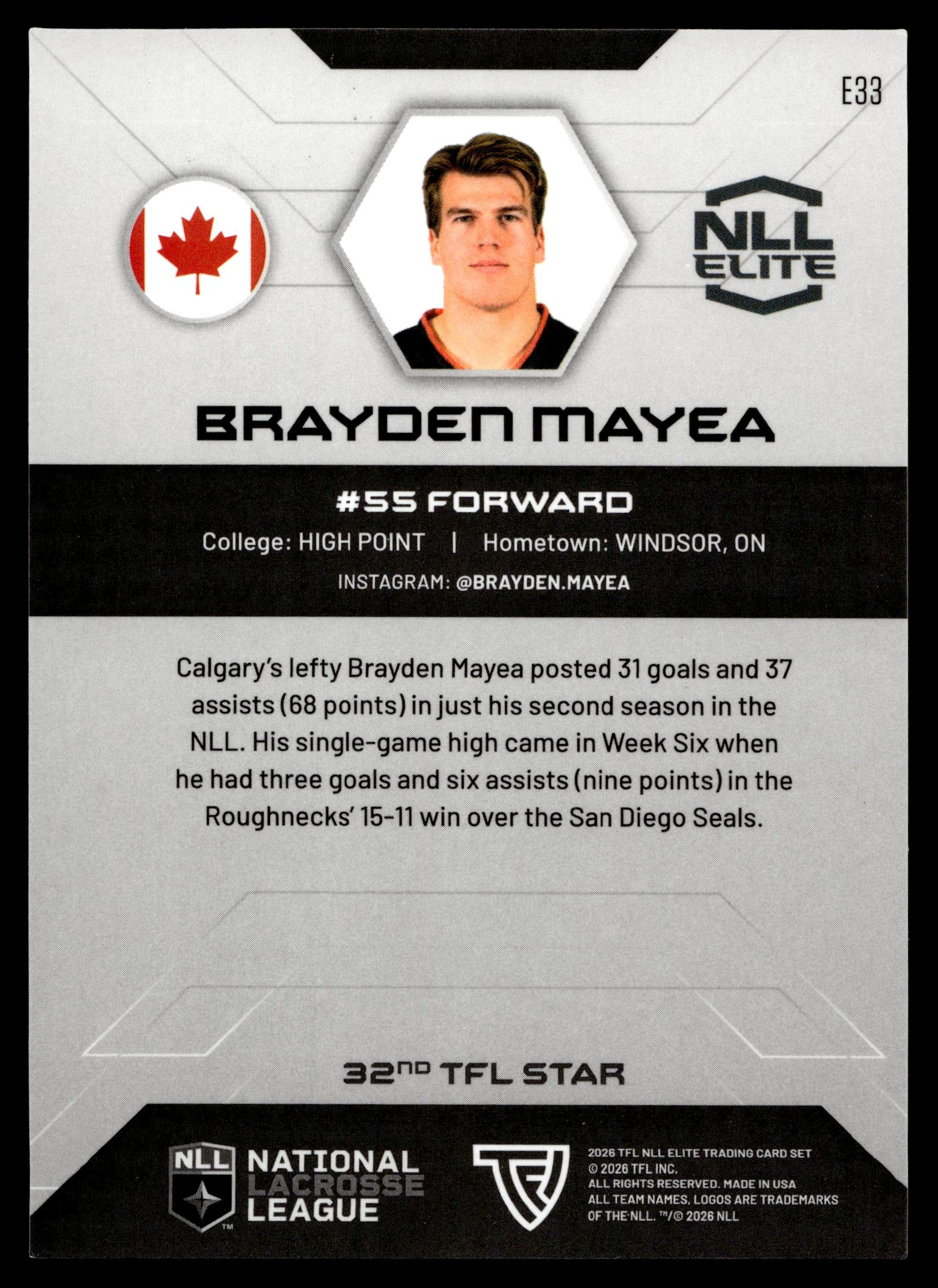 Brayden Mayea 2026 TFL NLL ELITE Calgary Roughnecks Home Floor 71/75 #E33