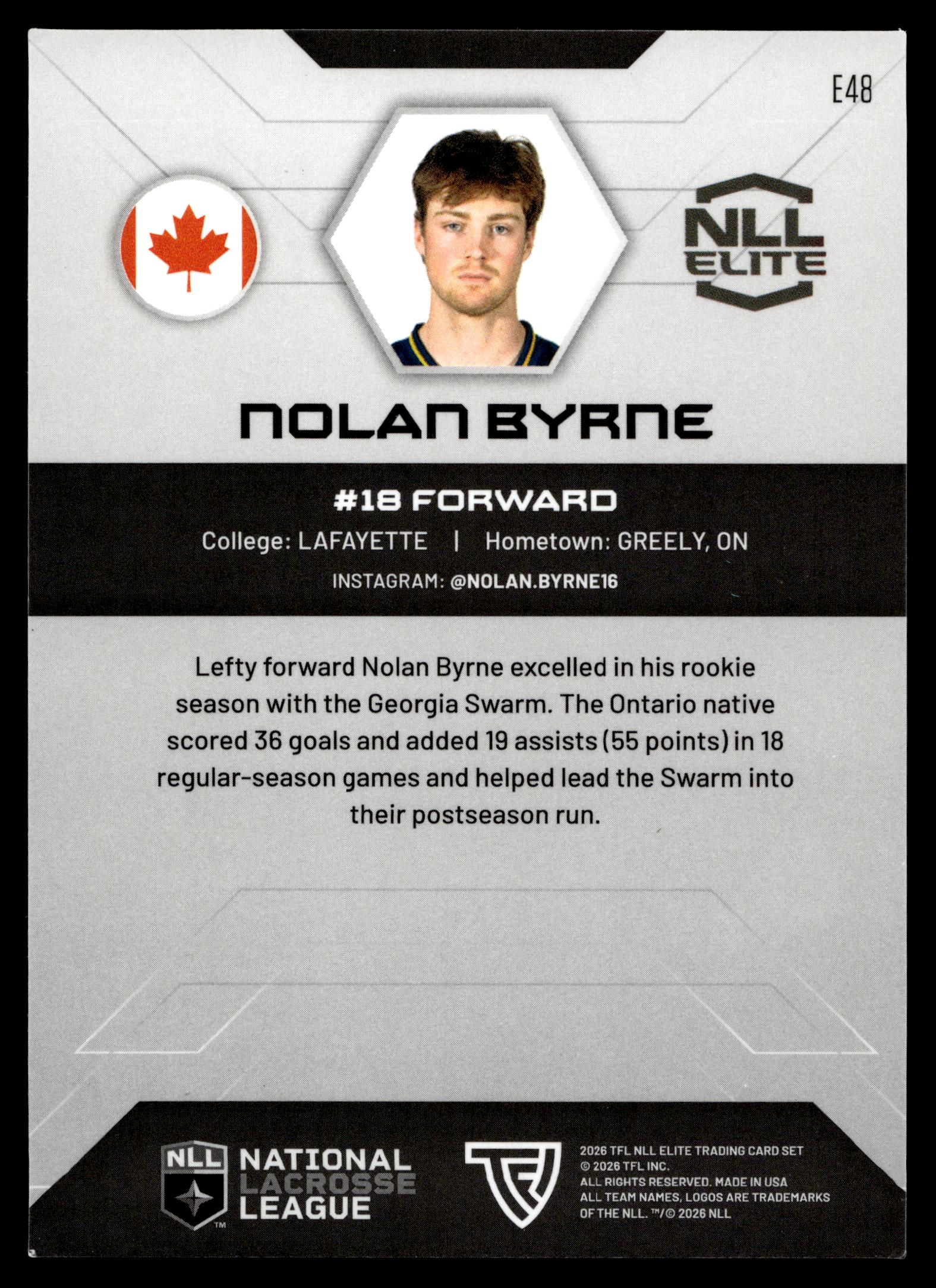 Nolan Byrne 2026 TFL NLL ELITE Georgia Swarm Home Floor 66/75 #E48
