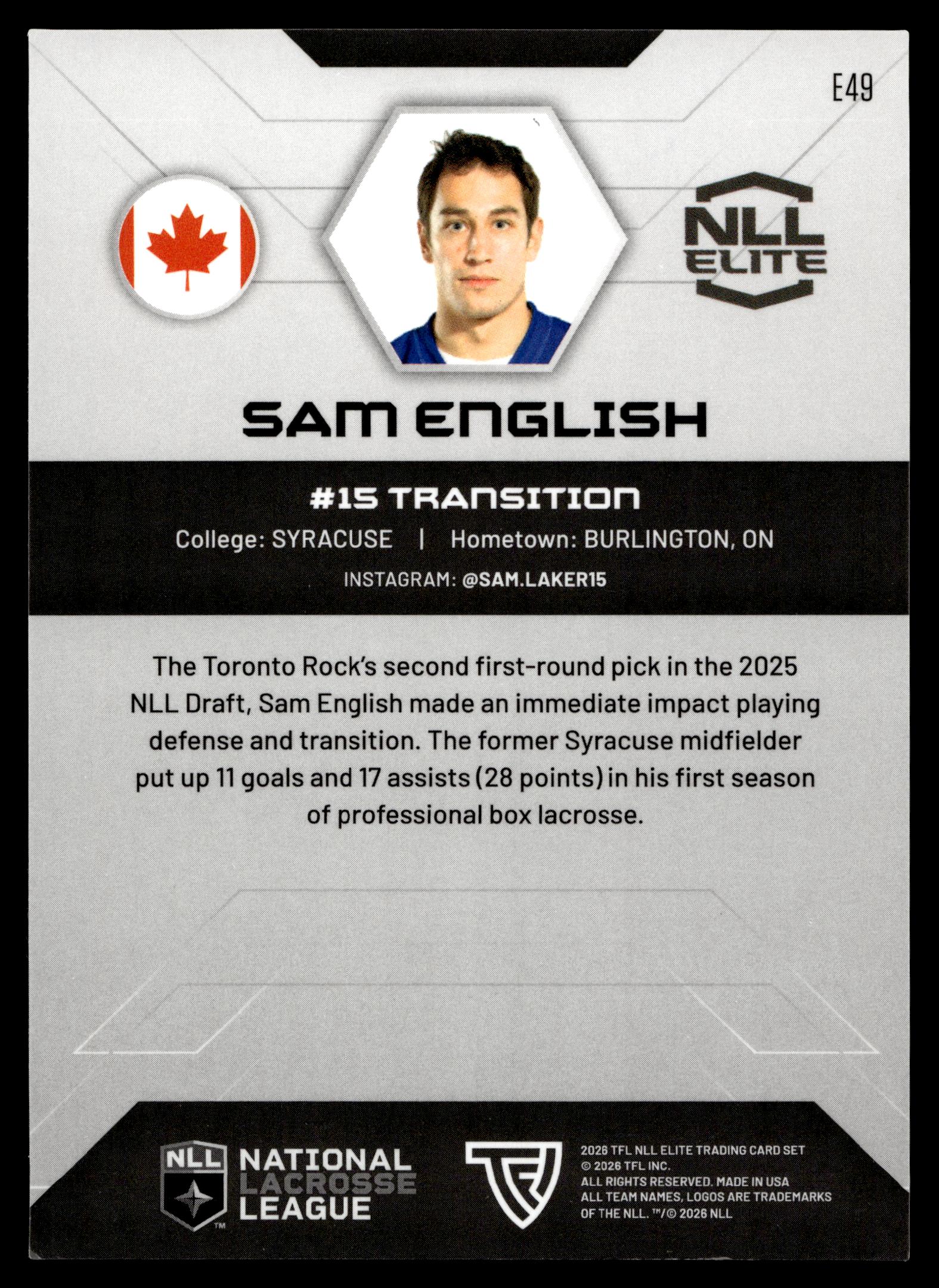 Sam English 2026 TFL NLL ELITE Toronto Rock Home Floor 49/75 #E49