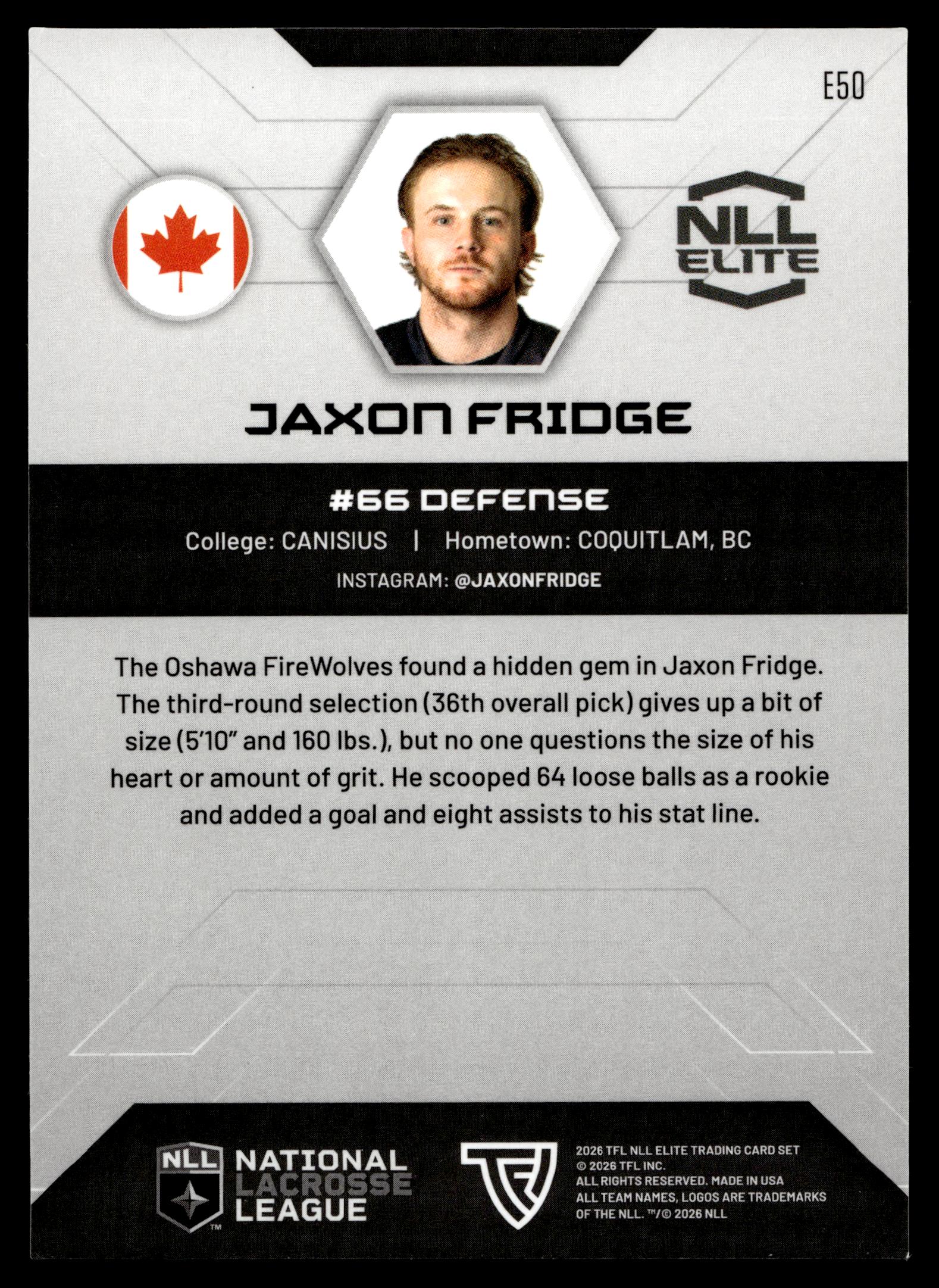 Jaxon Fridge 2026 TFL NLL ELITE Oshawa Firewolves Home Floor 43/75 #E50