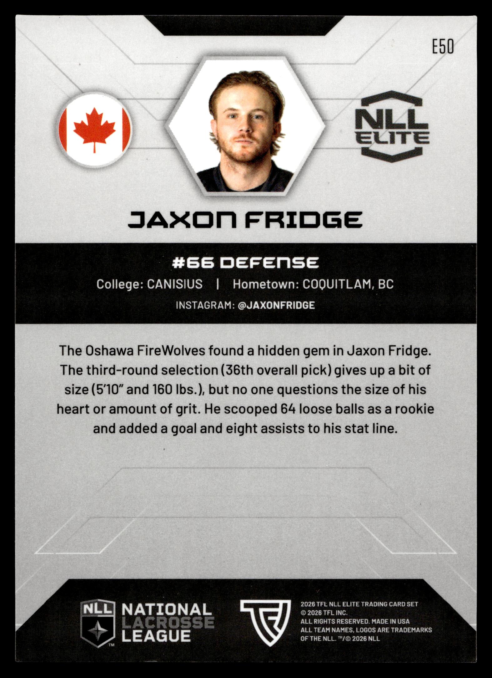 Jaxon Fridge 2026 TFL NLL ELITE Oshawa Firewolves Home Floor 50/75 #E50