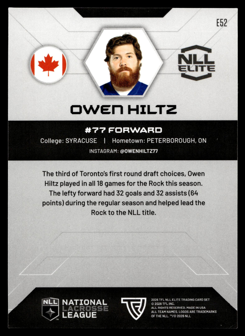 Owen Hiltz 2026 TFL NLL ELITE Toronto Rock Home Floor 47/75 #E52