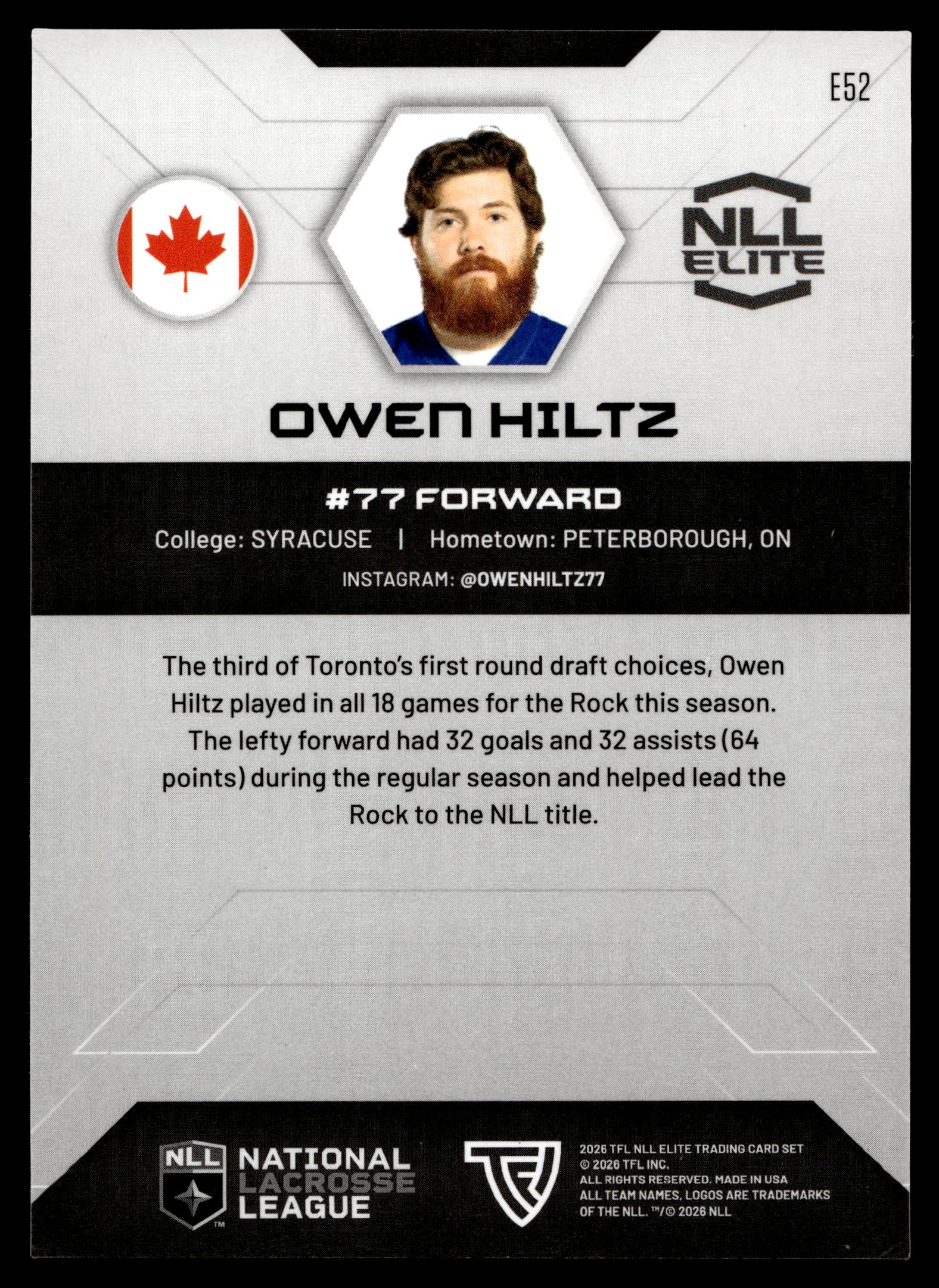 Owen Hiltz 2026 TFL NLL ELITE Toronto Rock Home Floor 47/75 #E52