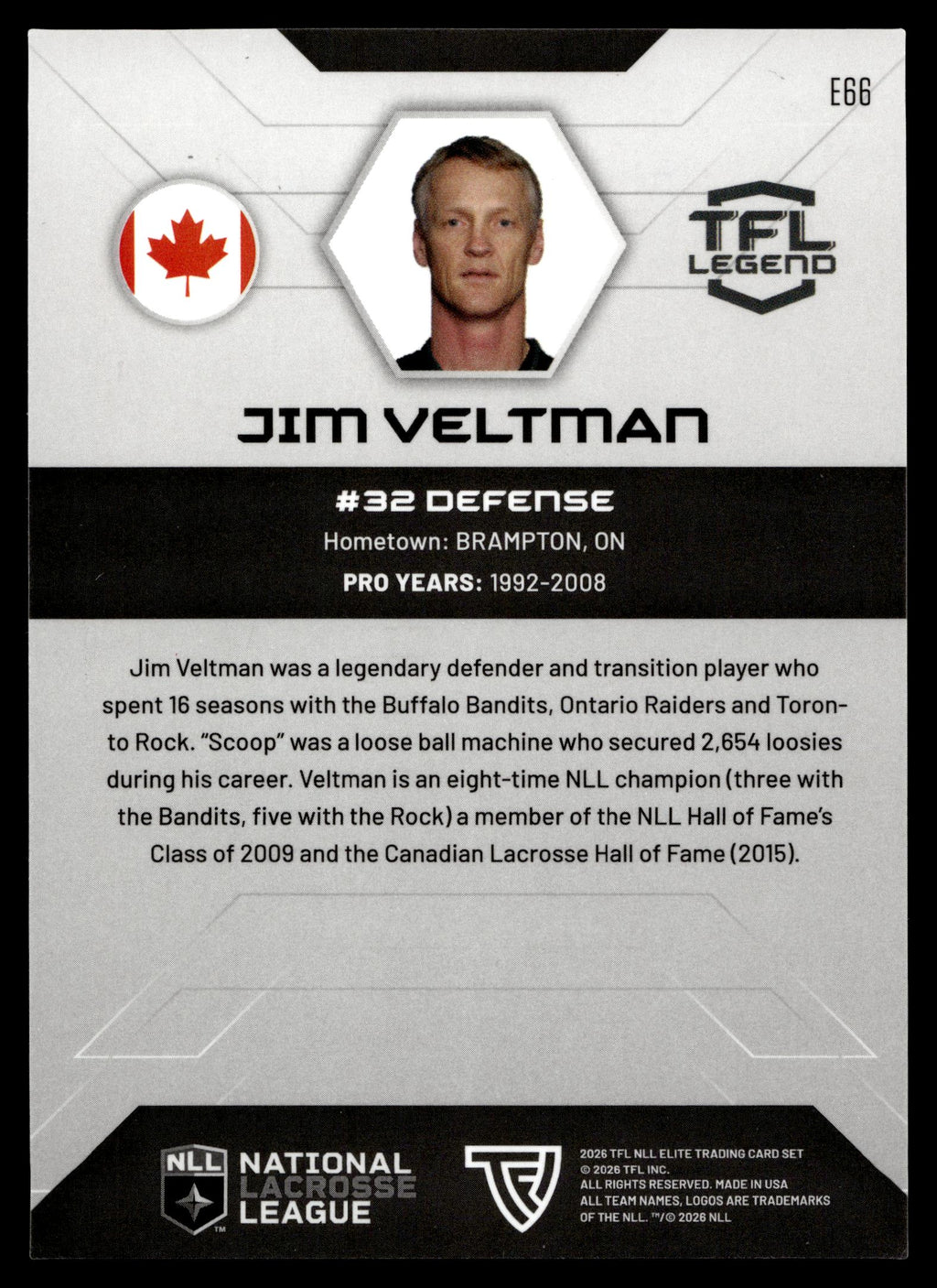 Jim Veltman 2026 TFL NLL ELITE Toronto Rock Home Floor 29/75 #E66
