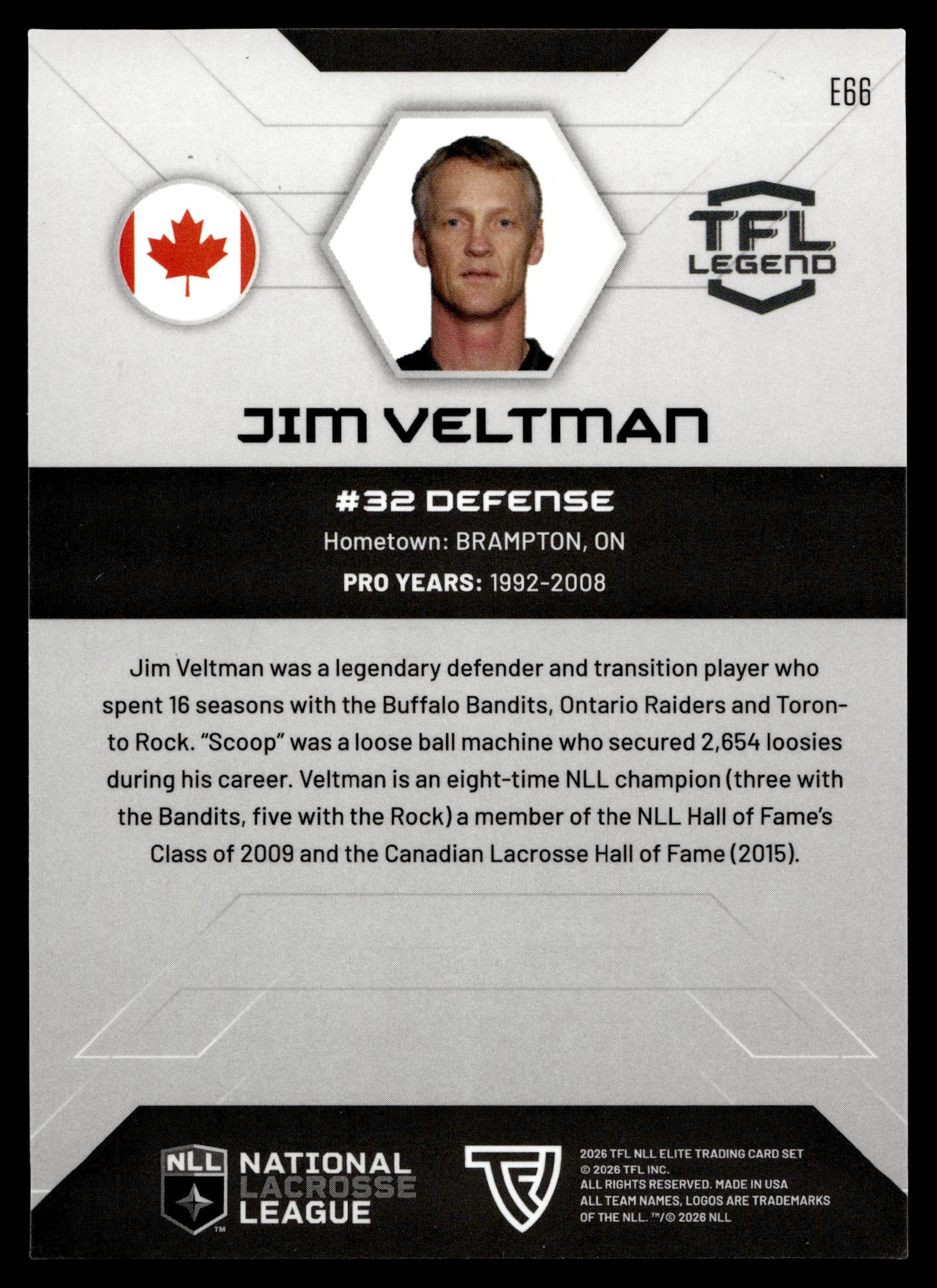 Jim Veltman 2026 TFL NLL ELITE Toronto Rock Home Floor 29/75 #E66