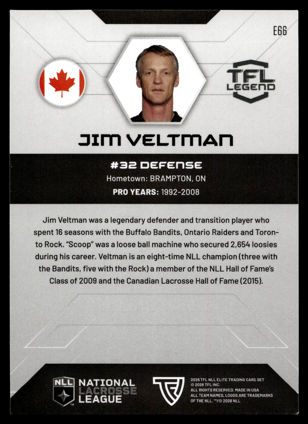 Jim Veltman 2026 TFL NLL ELITE Toronto Rock Home Floor 30/75 #E66