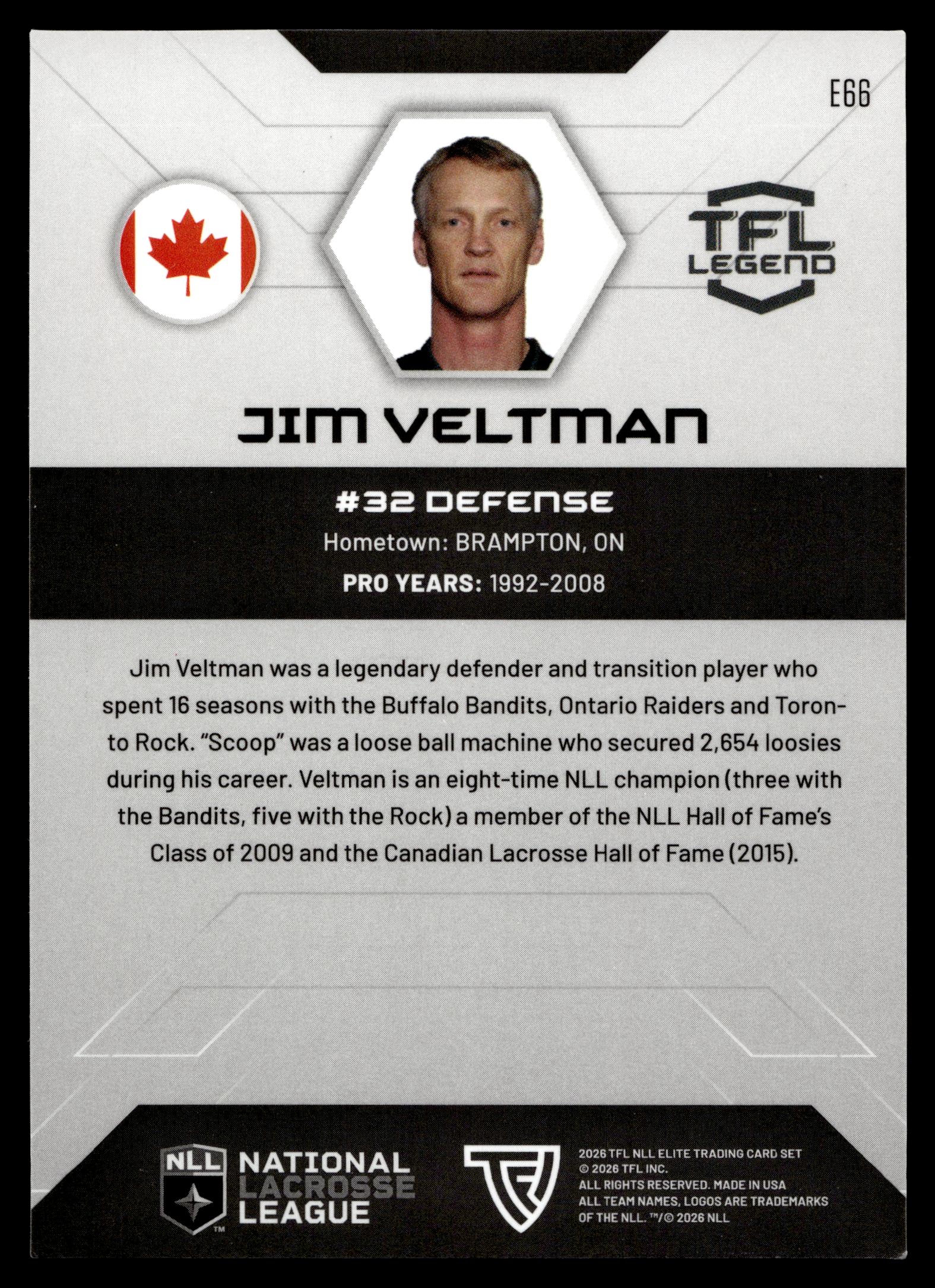 Jim Veltman 2026 TFL NLL ELITE Toronto Rock Home Floor 30/75 #E66