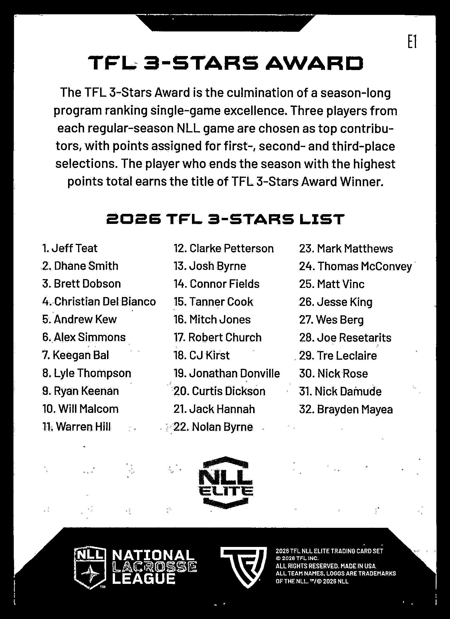 Jeff Teat 2026 TFL NLL Elite TFL 3-Stars Award Color Match #E1