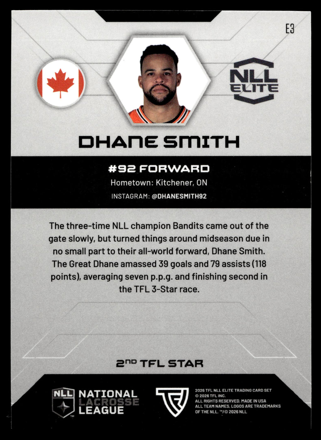 Dhane Smith 2026 TFL NLL Elite Buffalo Bandits Color Match #E3