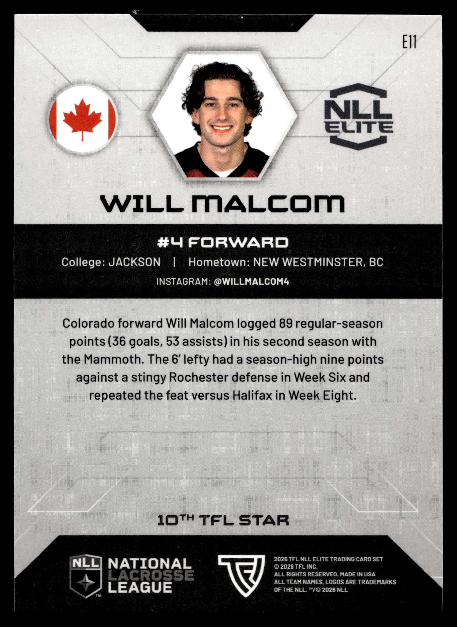 Will Malcom 2026 TFL NLL Elite Colorado Mammoth Color Match #E11