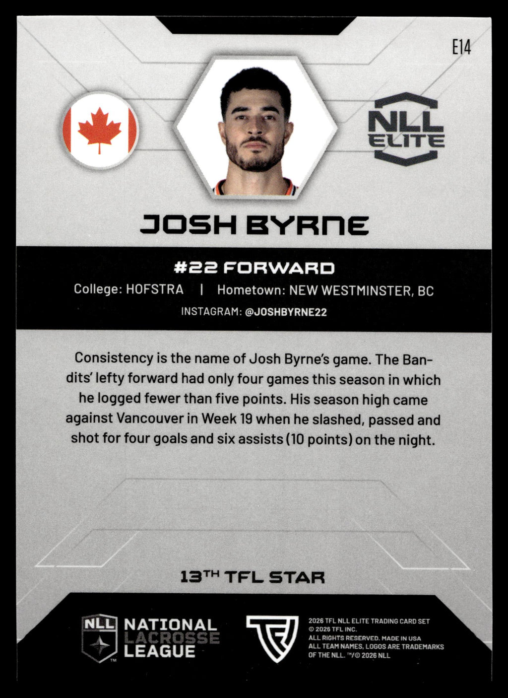 Josh Byrne 2026 TFL NLL Elite Buffalo Bandits Color Match #E14