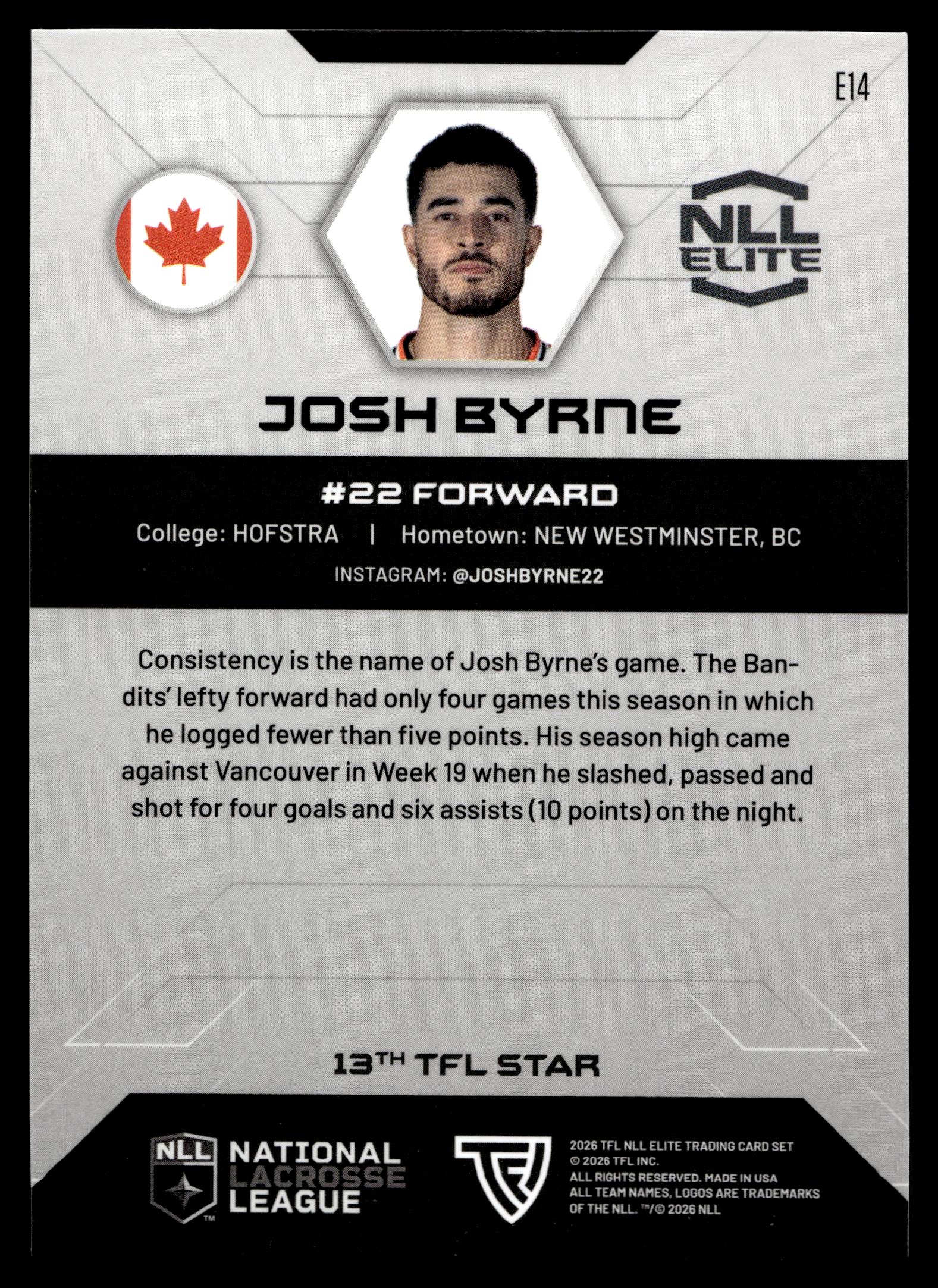 Josh Byrne 2026 TFL NLL Elite Buffalo Bandits Color Match #E14