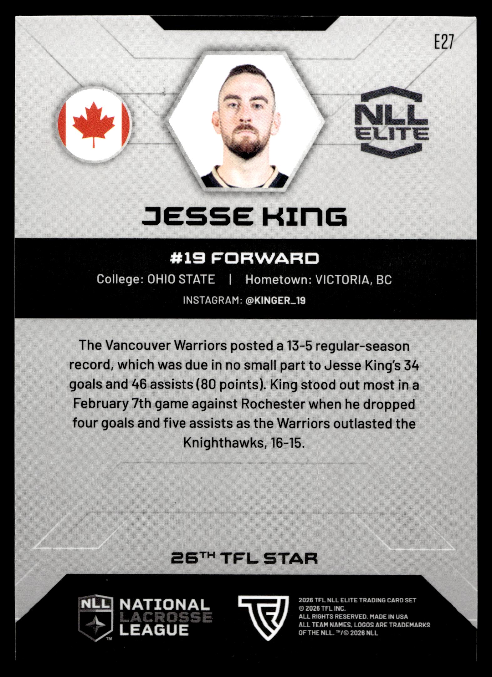Jesse King 2026 TFL NLL Elite Vancouver Warriors Color Match #E27