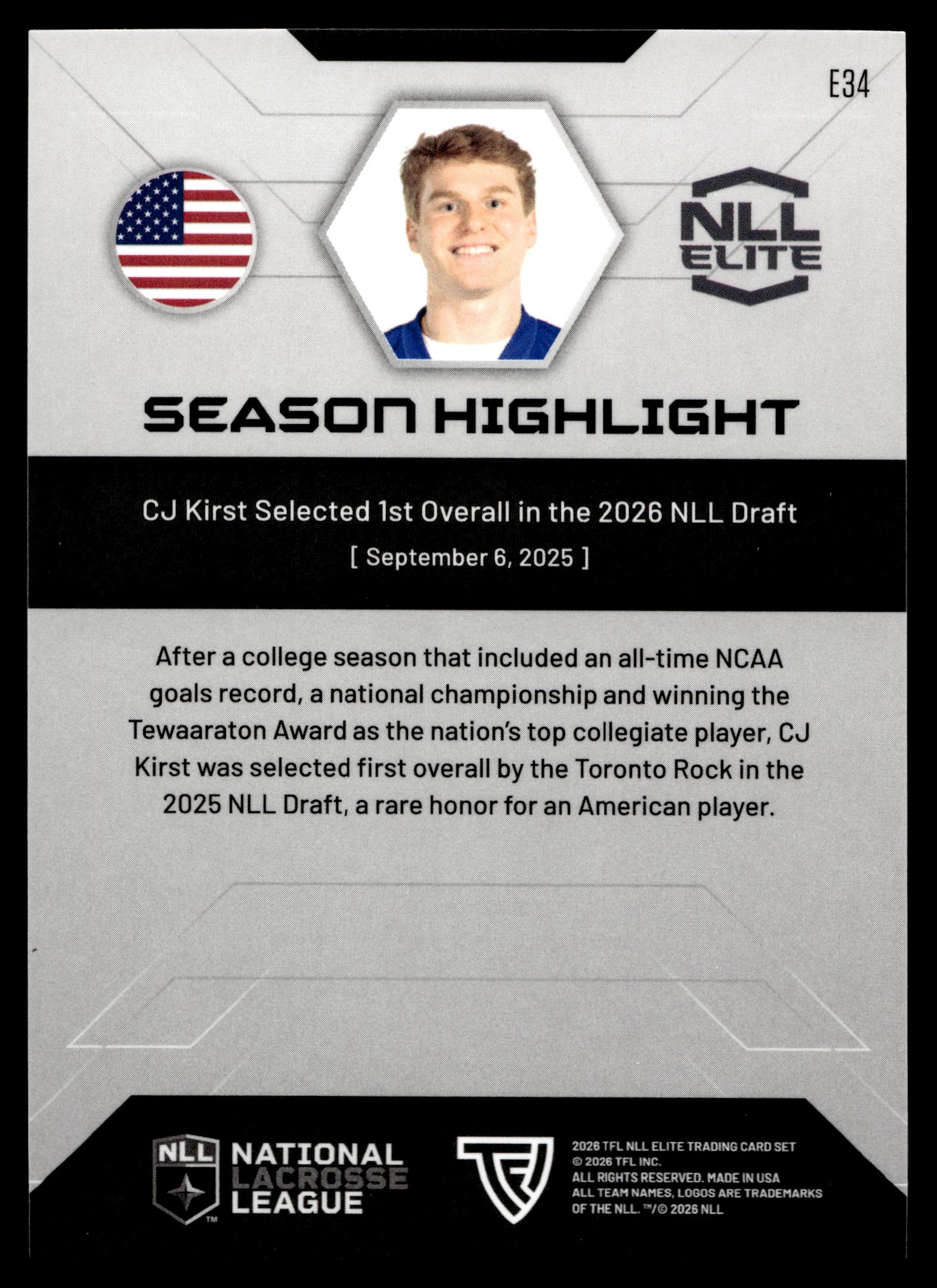 CJ Kirst 2026 TFL NLL Elite Toronto Rock Color Match #E34