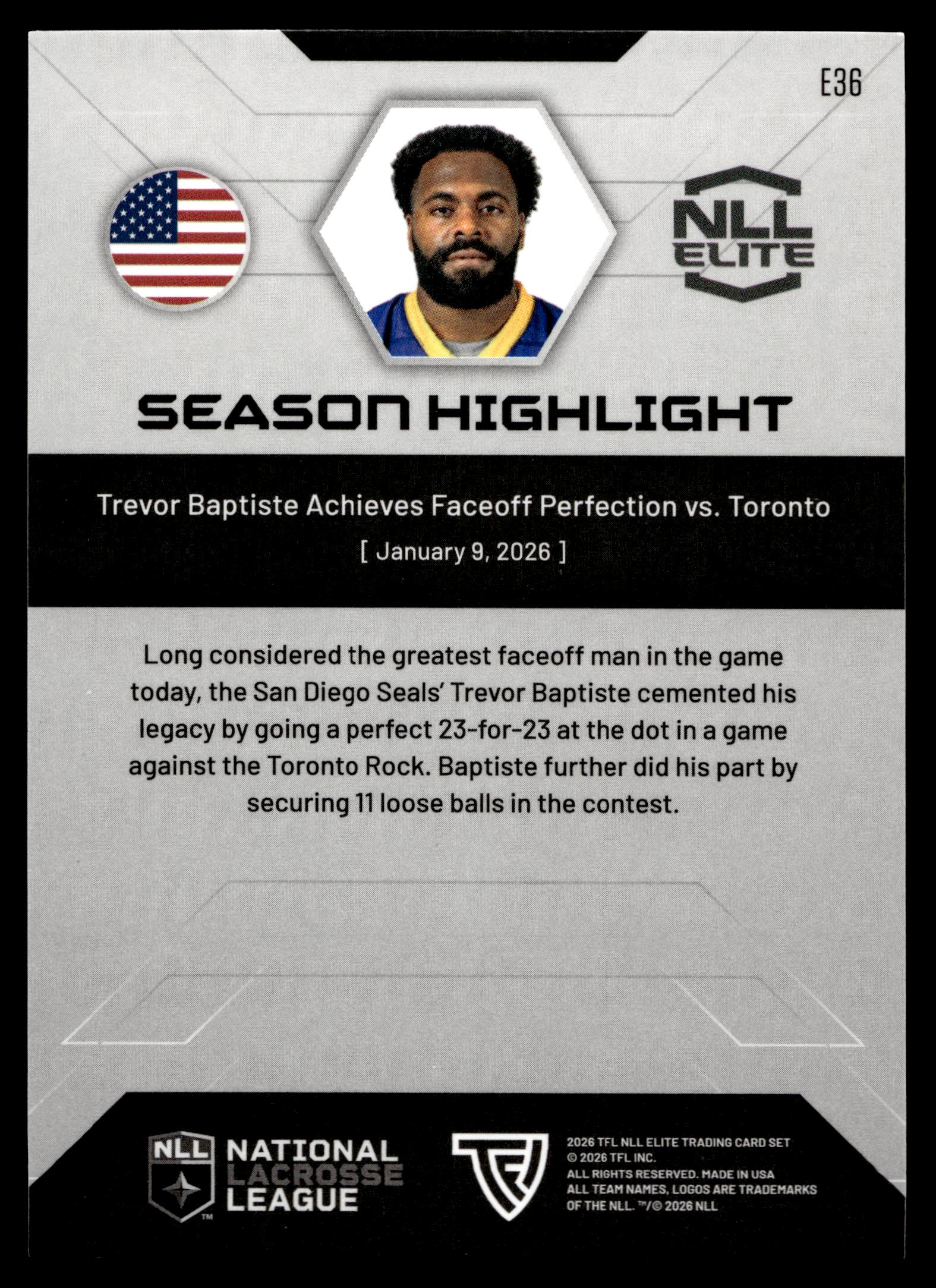 Trevor Baptiste 2026 TFL NLL Elite San Diego Seals Color Match #E36