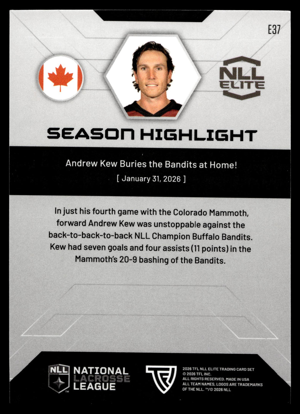 Andrew Kew 2026 TFL NLL Elite Colorado Mammoth Color Match #E37