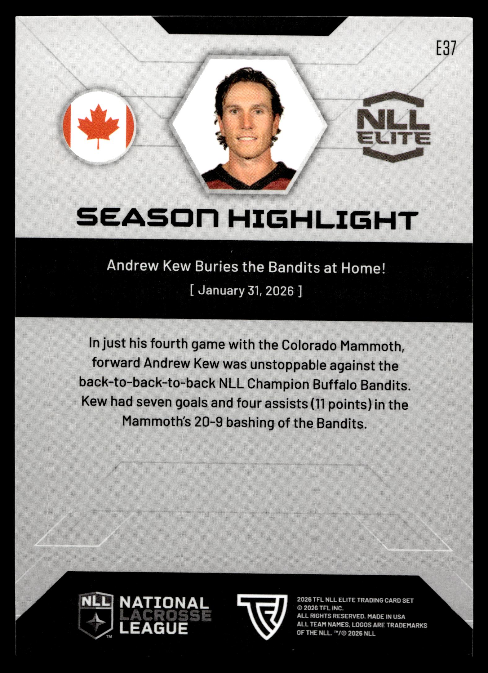 Andrew Kew 2026 TFL NLL Elite Colorado Mammoth Color Match #E37