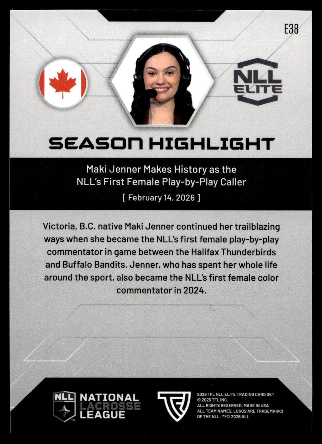 Maki Jenner 2026 TFL NLL Elite Play-By-Play Caller Color Match #E38