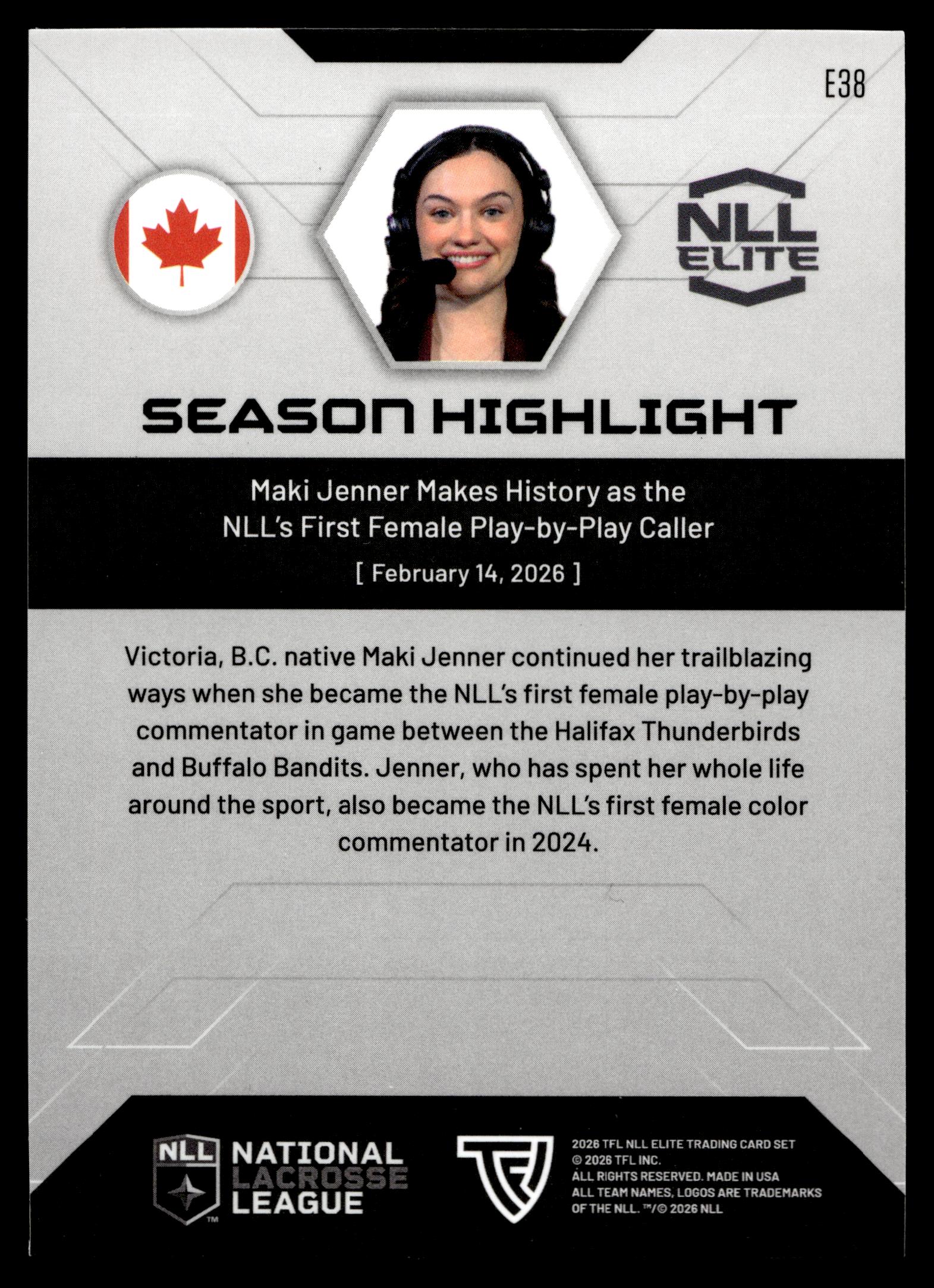 Maki Jenner 2026 TFL NLL Elite Play-By-Play Caller Color Match #E38