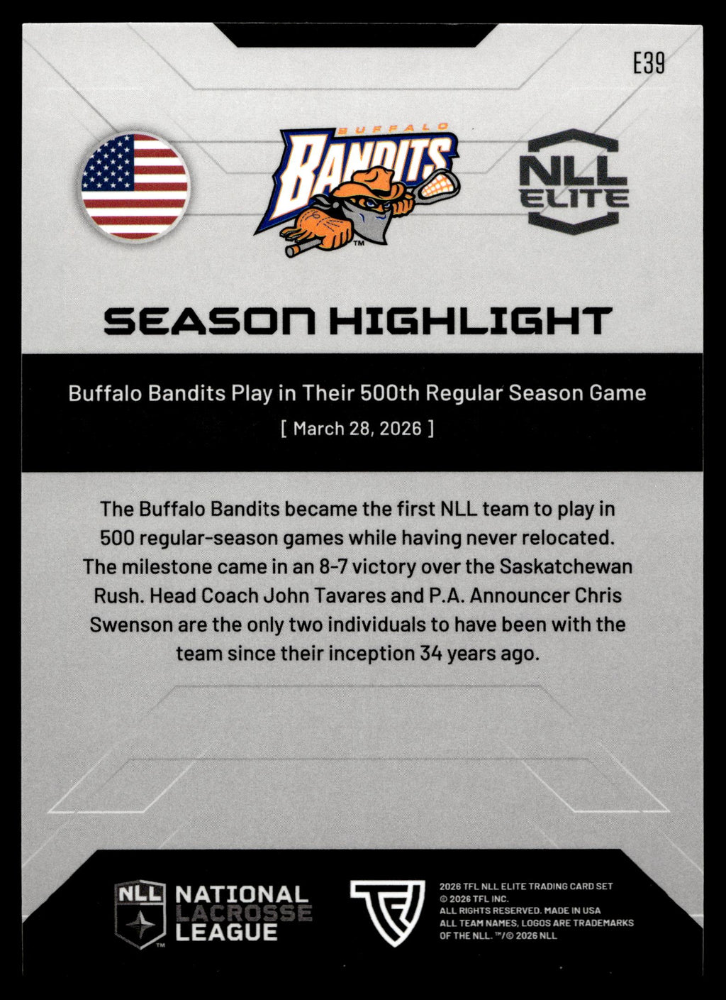 Buffalo Bandits 2026 TFL NLL Elite Buffalo Bandits Color Match #E39