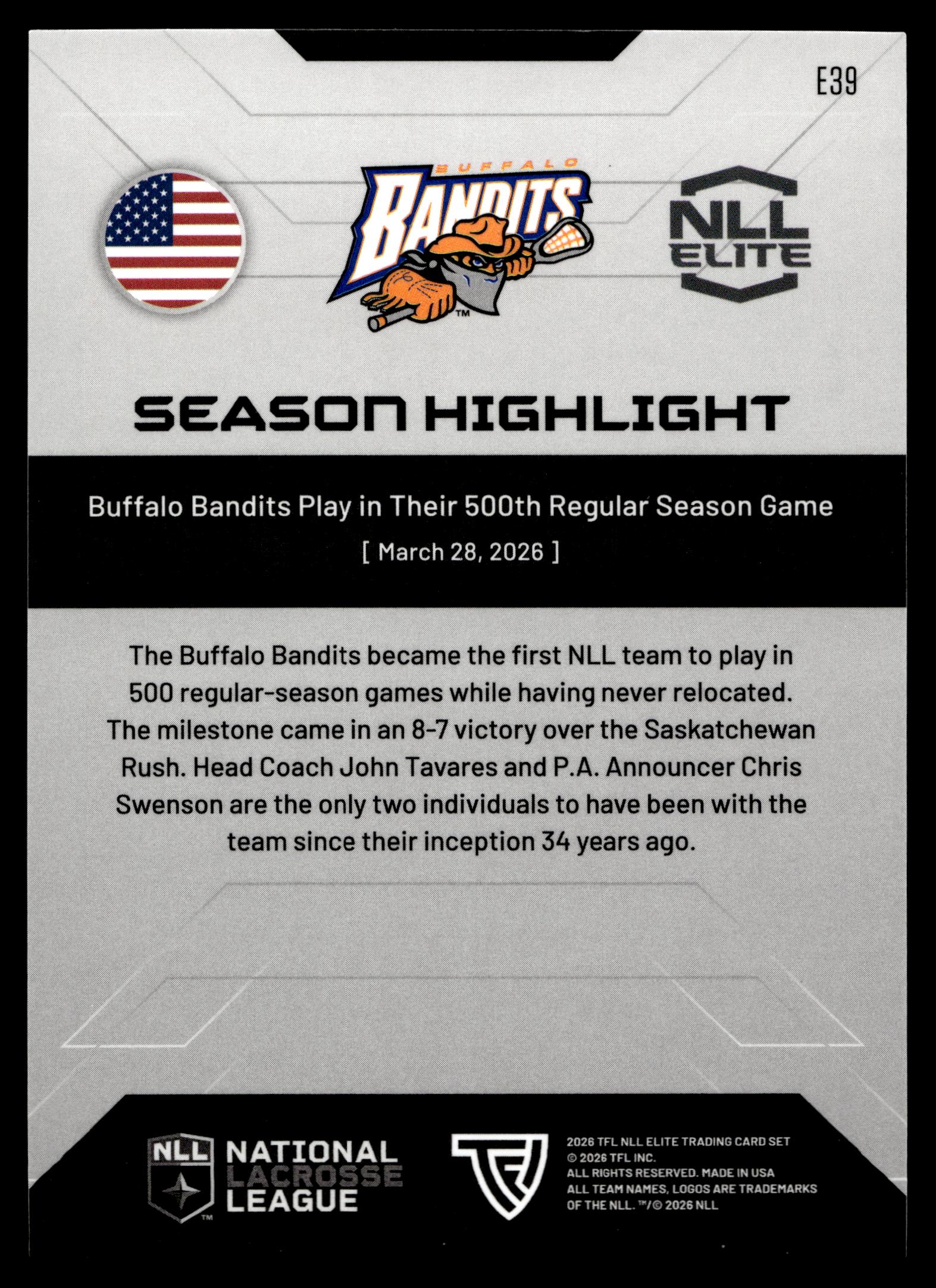 Buffalo Bandits 2026 TFL NLL Elite Buffalo Bandits Color Match #E39