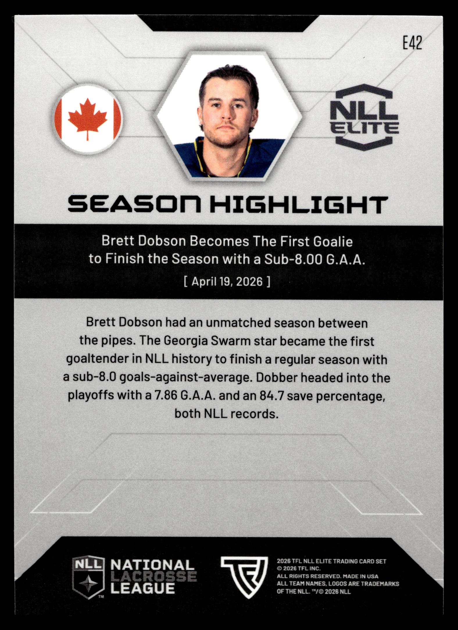 Brett Dobson 2026 TFL NLL Elite Georgia Swarm Color Match #E42